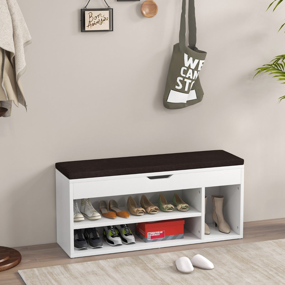 Banco de Sapatos com Assento de Armazenamento Banqueta 104 x 30 x 48 cm Branco e Castanho