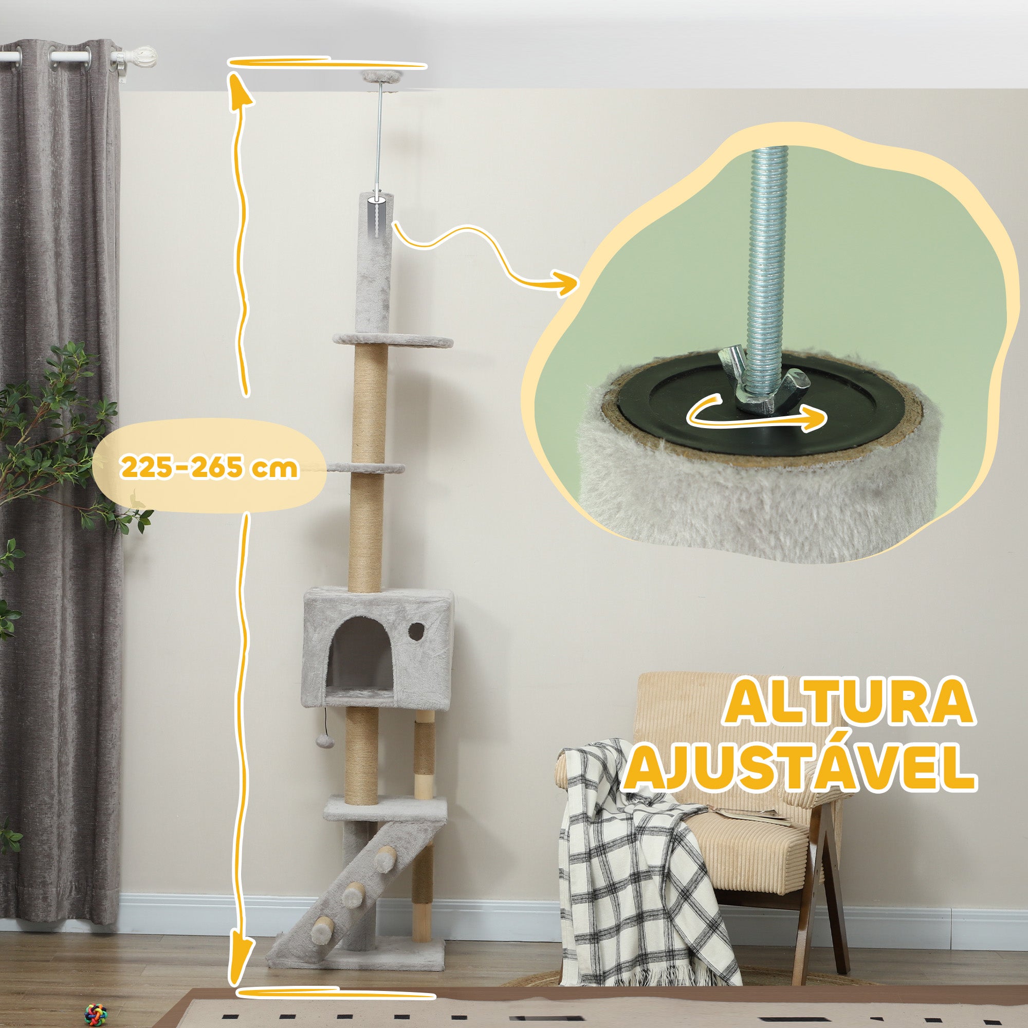 Arranhador para Gatos Cinza Claro 48x40x225-265 cm - Centro de Atividades Ajustável