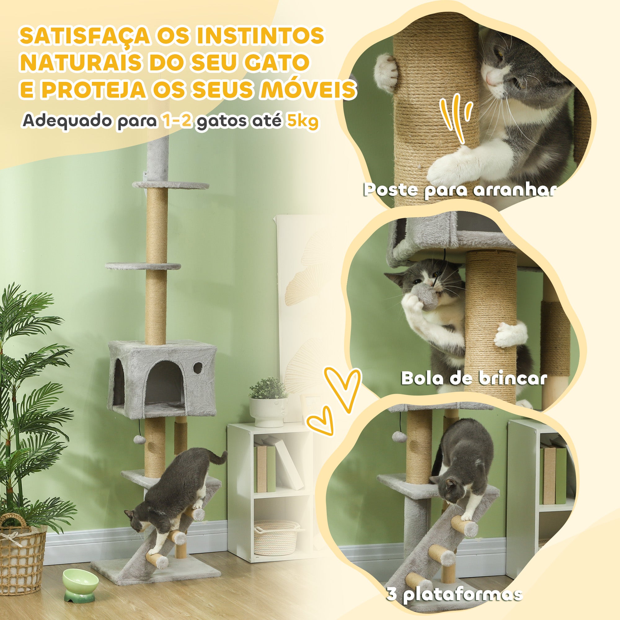Arranhador para Gatos Cinza Claro 48x40x225-265 cm - Centro de Atividades Ajustável