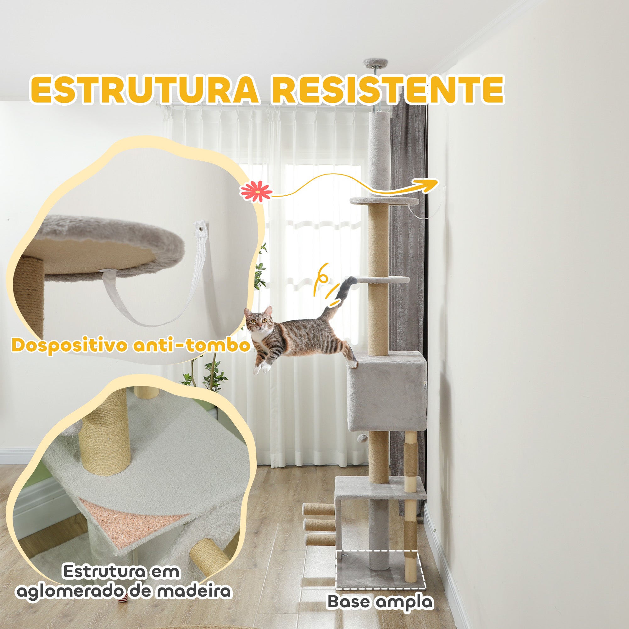 Arranhador para Gatos Cinza Claro 48x40x225-265 cm - Centro de Atividades Ajustável