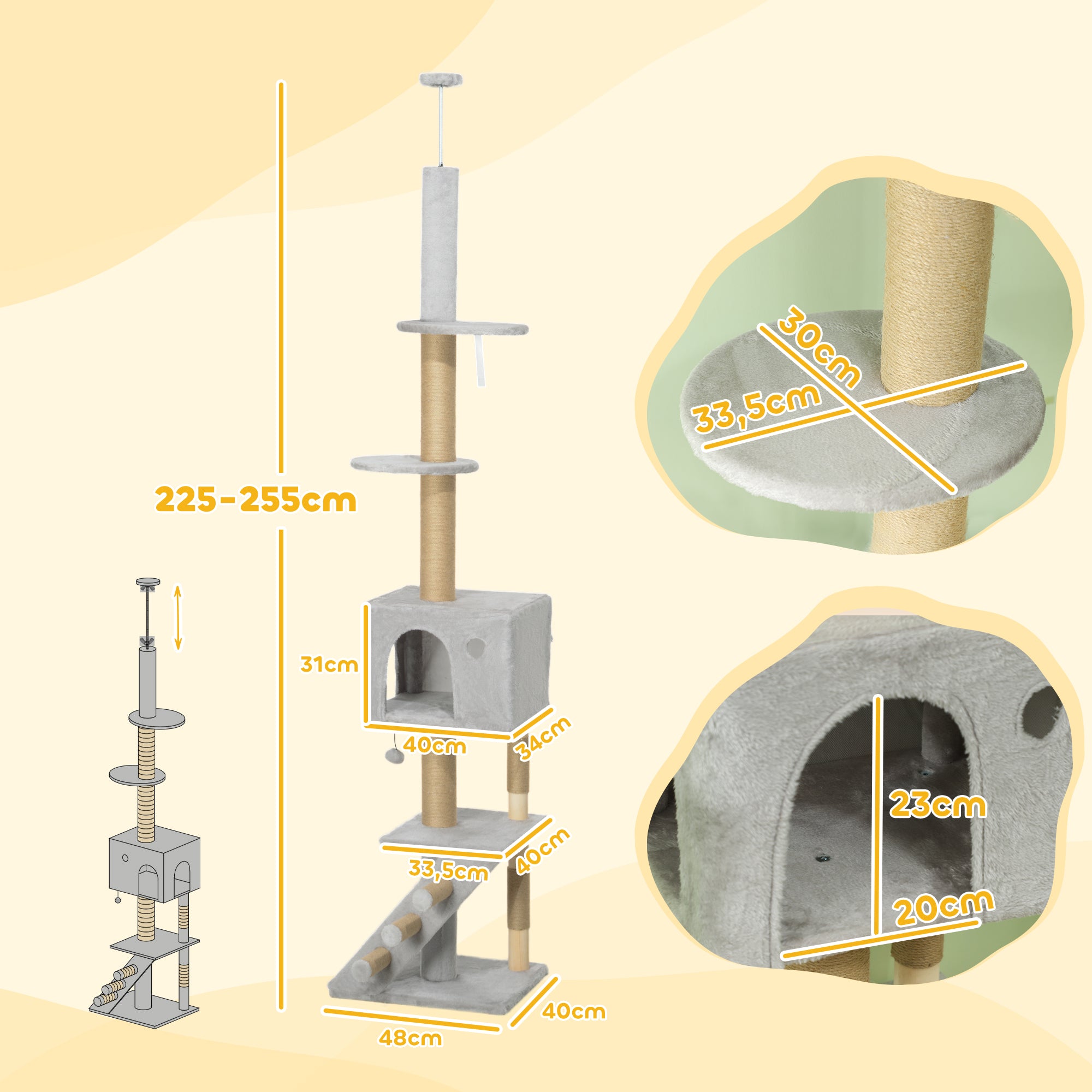 Arranhador para Gatos Cinza Claro 48x40x225-265 cm - Centro de Atividades Ajustável
