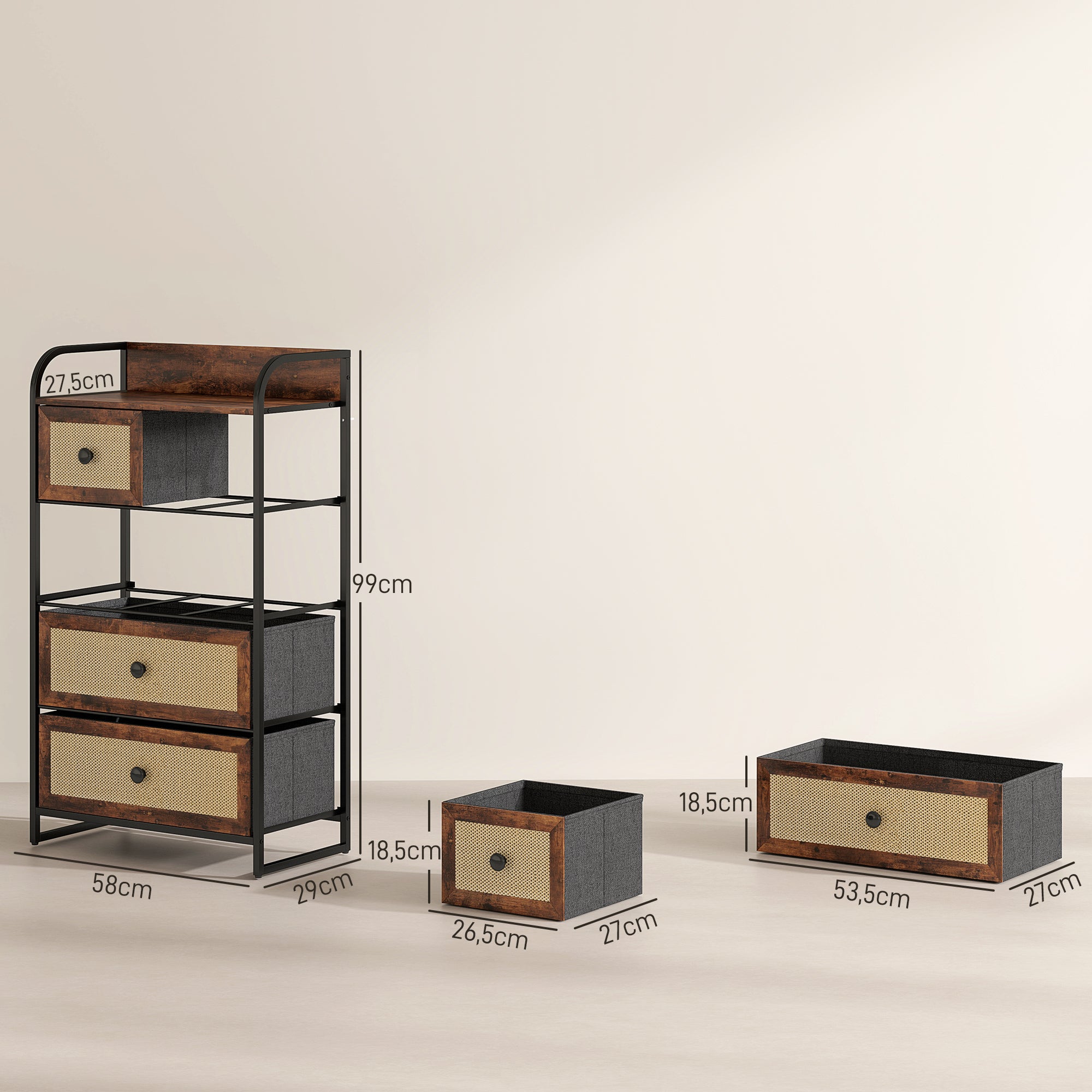 Cómoda de Tecido com 5 Gavetas – 58x29x99 cm – Castanho Rústico