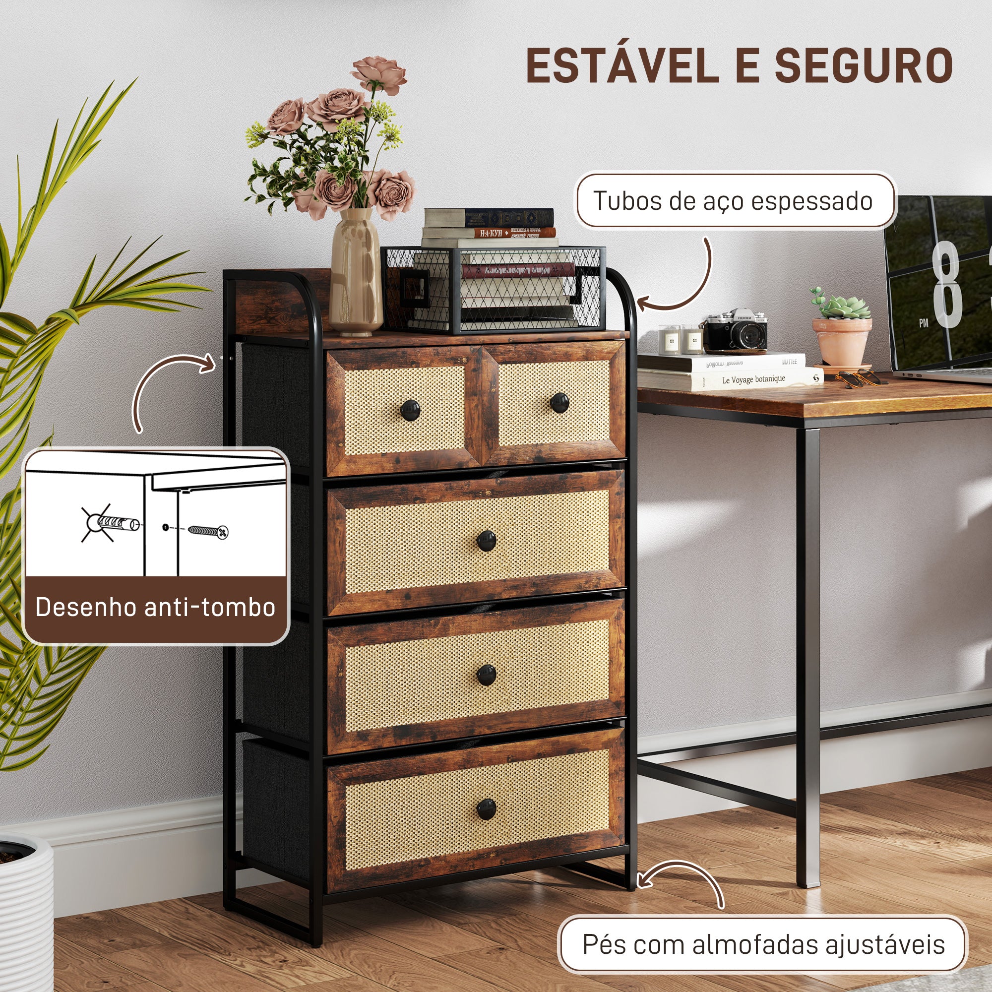 Cómoda de Tecido com 5 Gavetas – 58x29x99 cm – Castanho Rústico