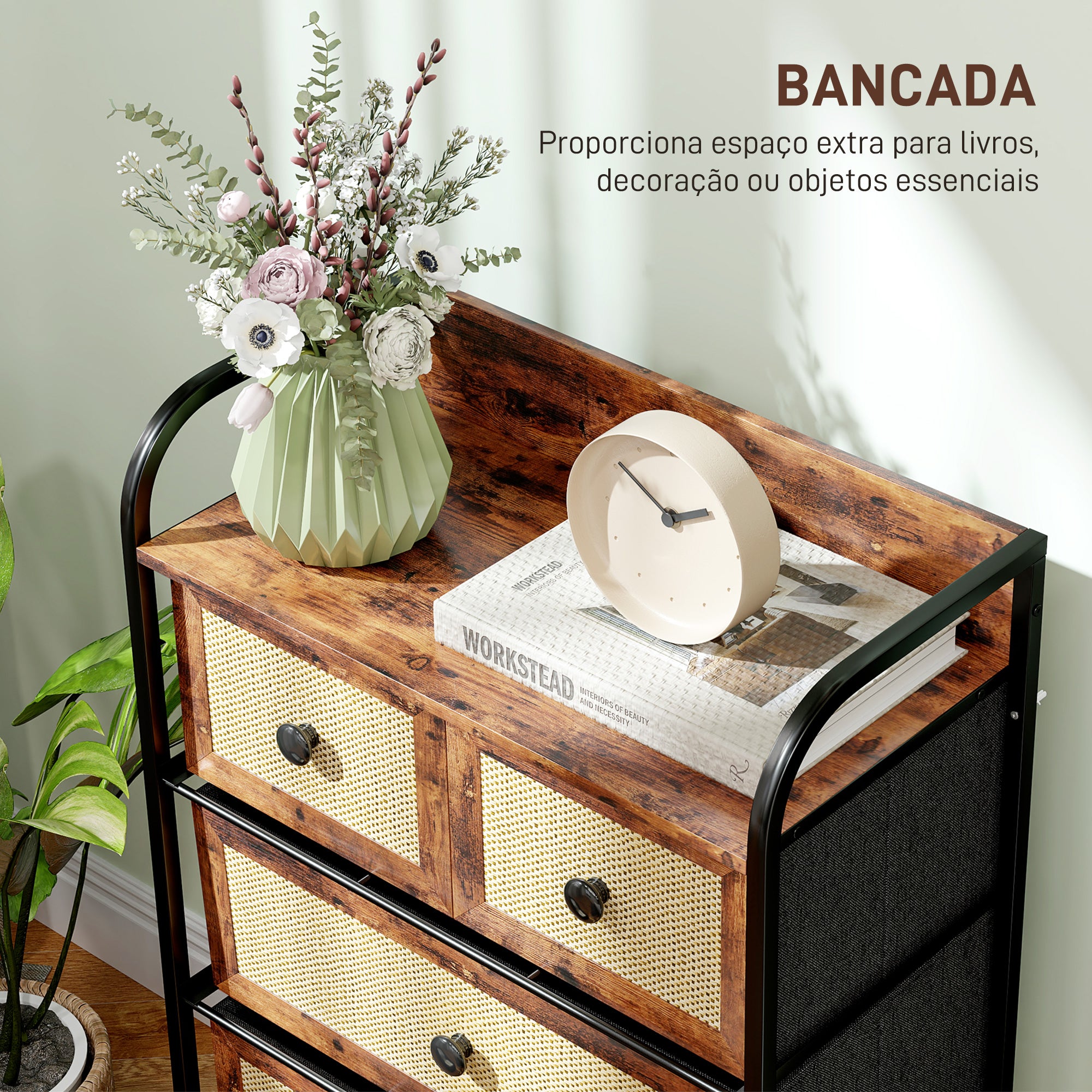 Cómoda de Tecido com 5 Gavetas – 58x29x99 cm – Castanho Rústico