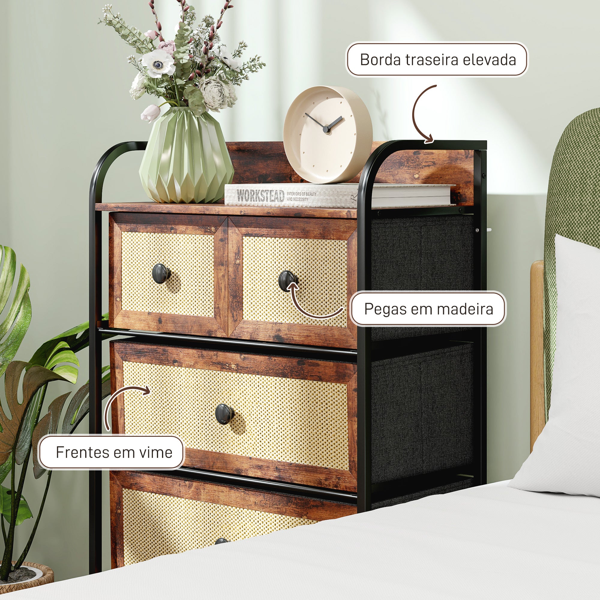 Cómoda de Tecido com 5 Gavetas – 58x29x99 cm – Castanho Rústico