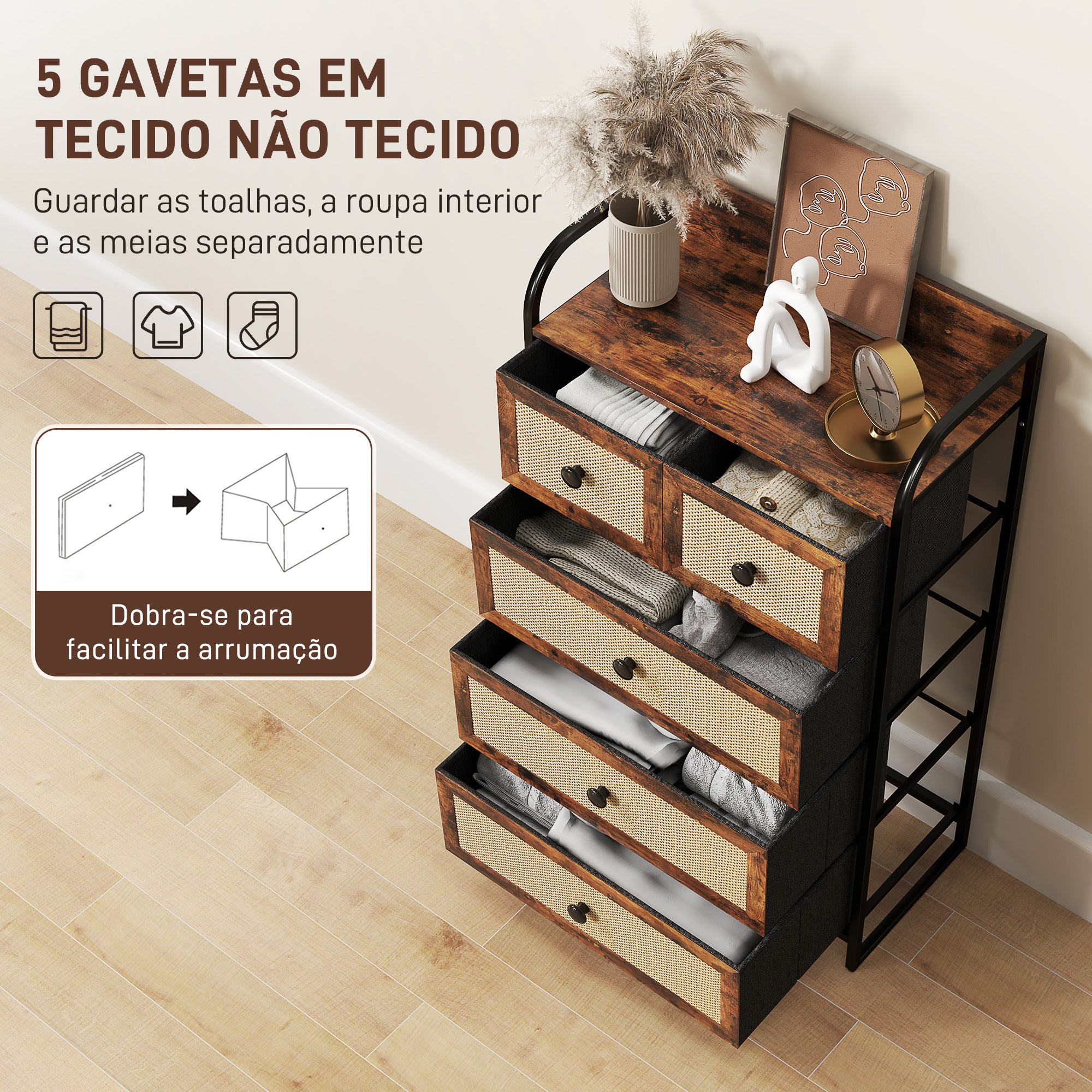 Cómoda de Tecido com 5 Gavetas – 58x29x99 cm – Castanho Rústico