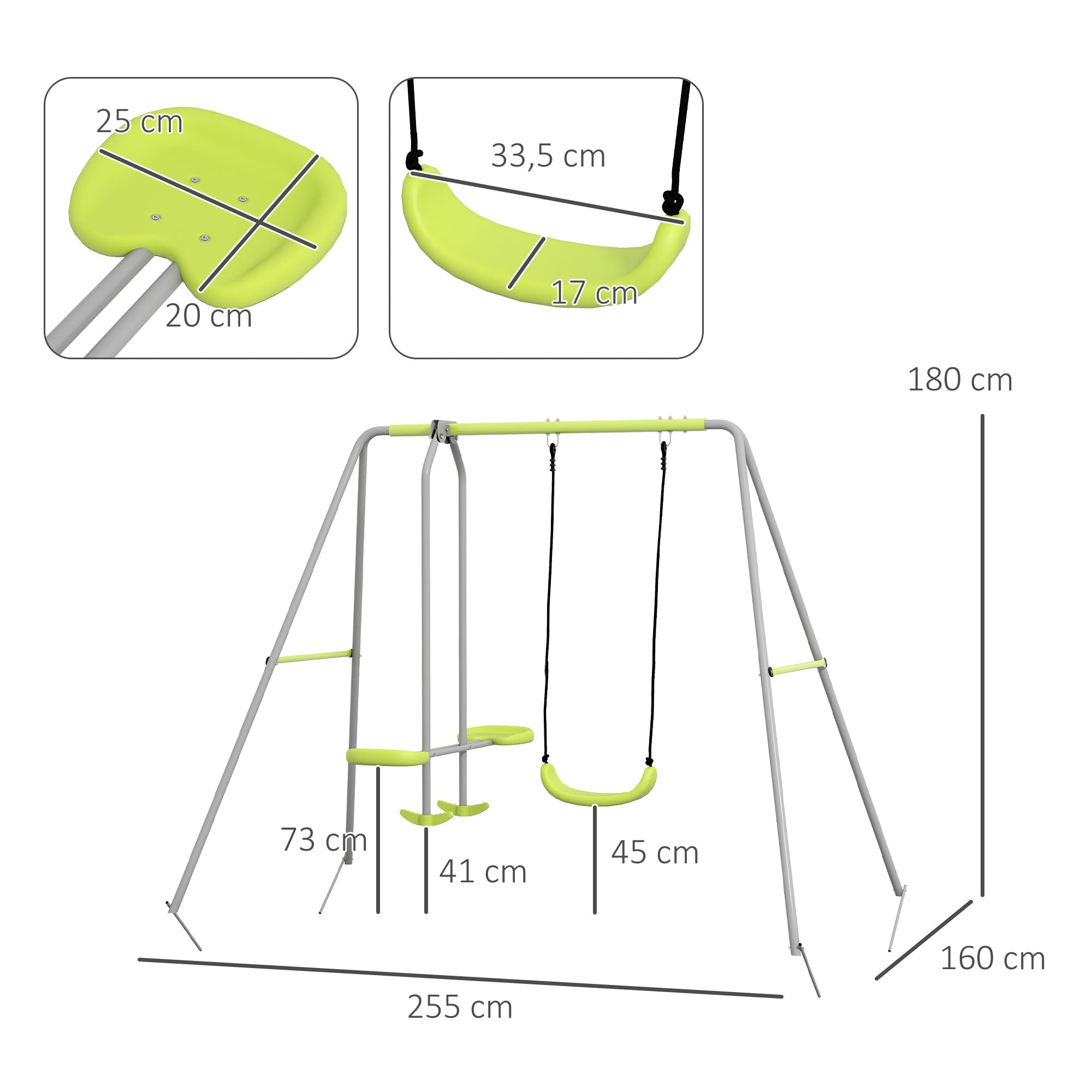 Baloiço para Crianças com 1 Baloiço Simples, 1 Planador, Anti-UV, 135 kg, 255x160x180 cm - Verde e Cinza