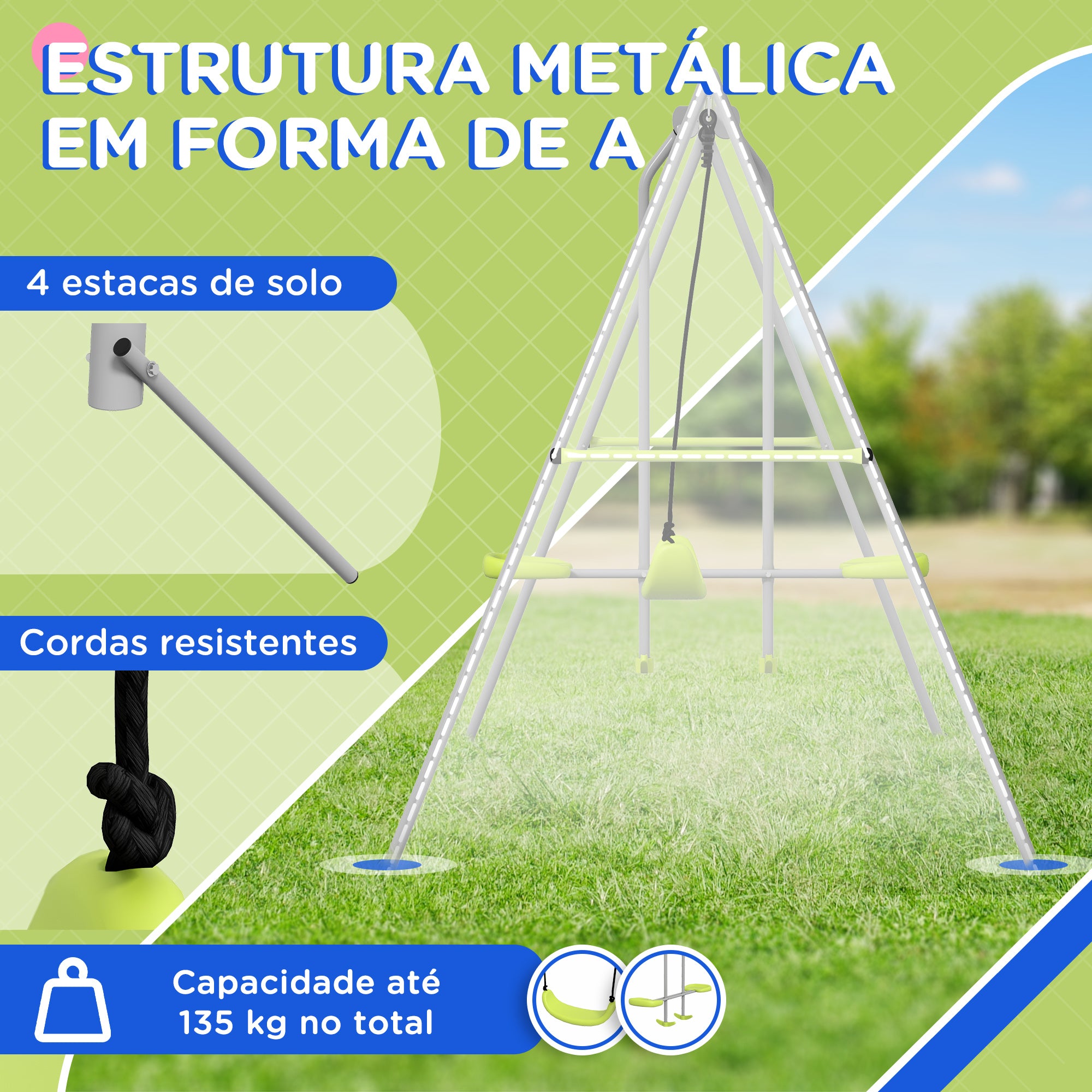 Baloiço para Crianças com 1 Baloiço Simples, 1 Planador, Anti-UV, 135 kg, 255x160x180 cm - Verde e Cinza