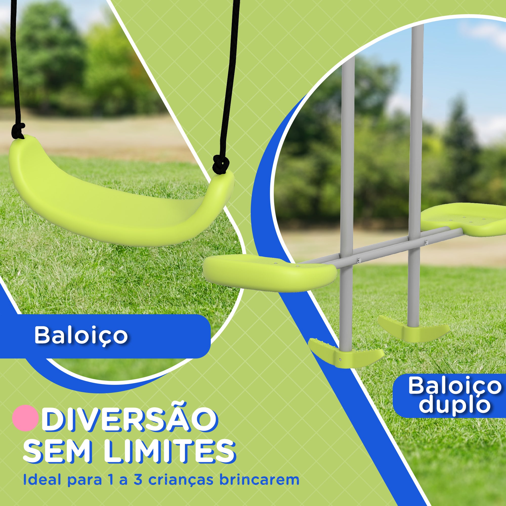 Baloiço para Crianças com 1 Baloiço Simples, 1 Planador, Anti-UV, 135 kg, 255x160x180 cm - Verde e Cinza