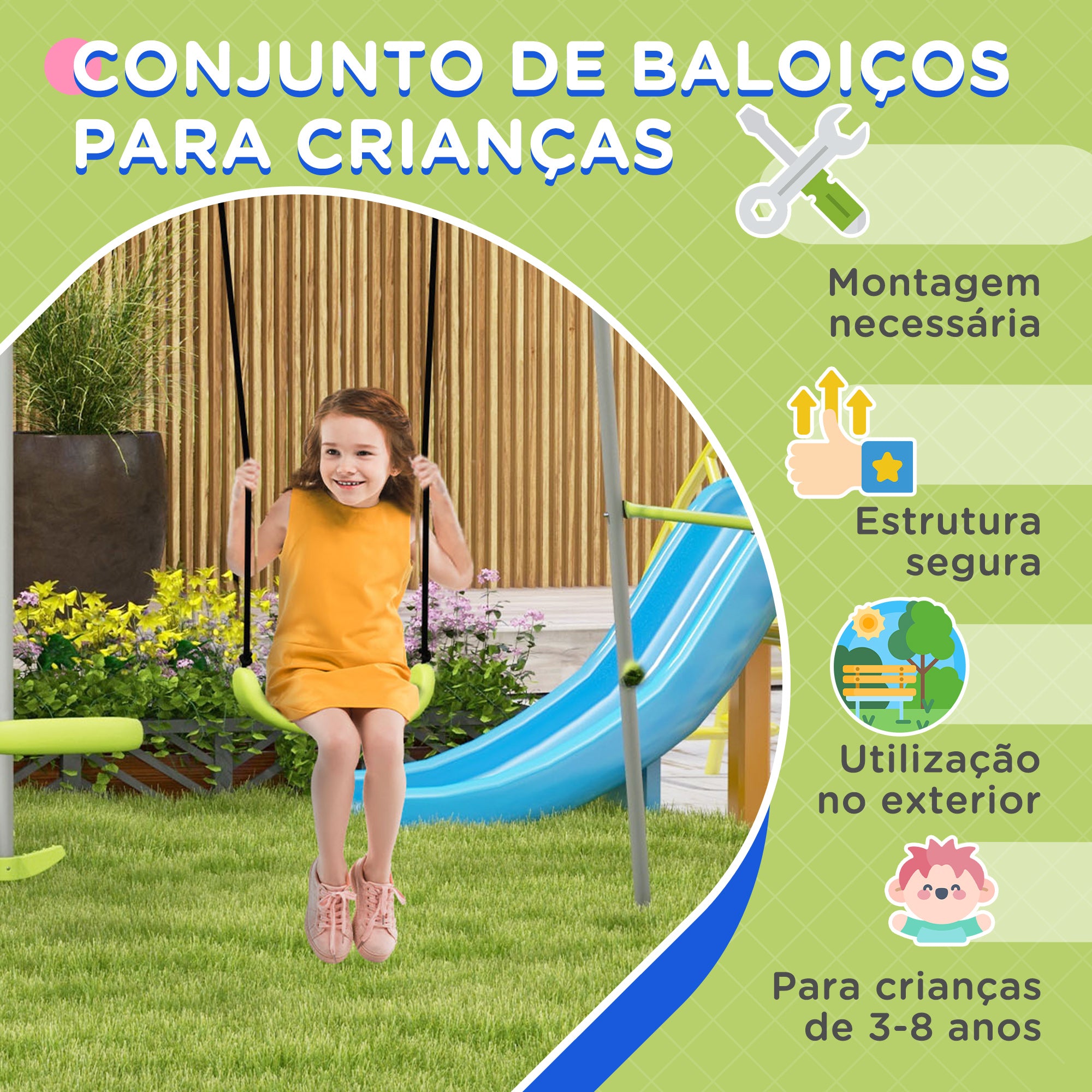 Baloiço para Crianças com 1 Baloiço Simples, 1 Planador, Anti-UV, 135 kg, 255x160x180 cm - Verde e Cinza
