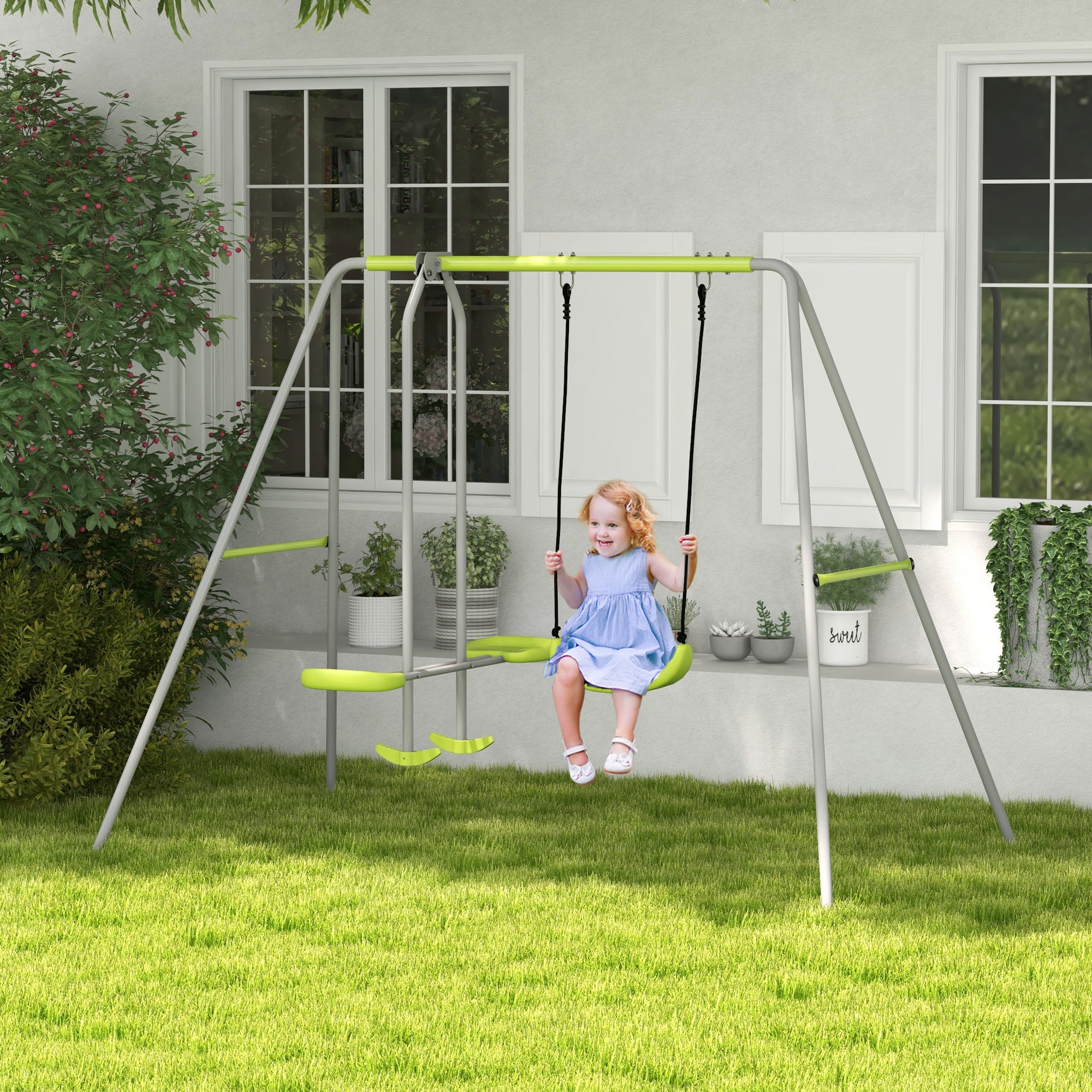 Baloiço para Crianças com 1 Baloiço Simples, 1 Planador, Anti-UV, 135 kg, 255x160x180 cm - Verde e Cinza