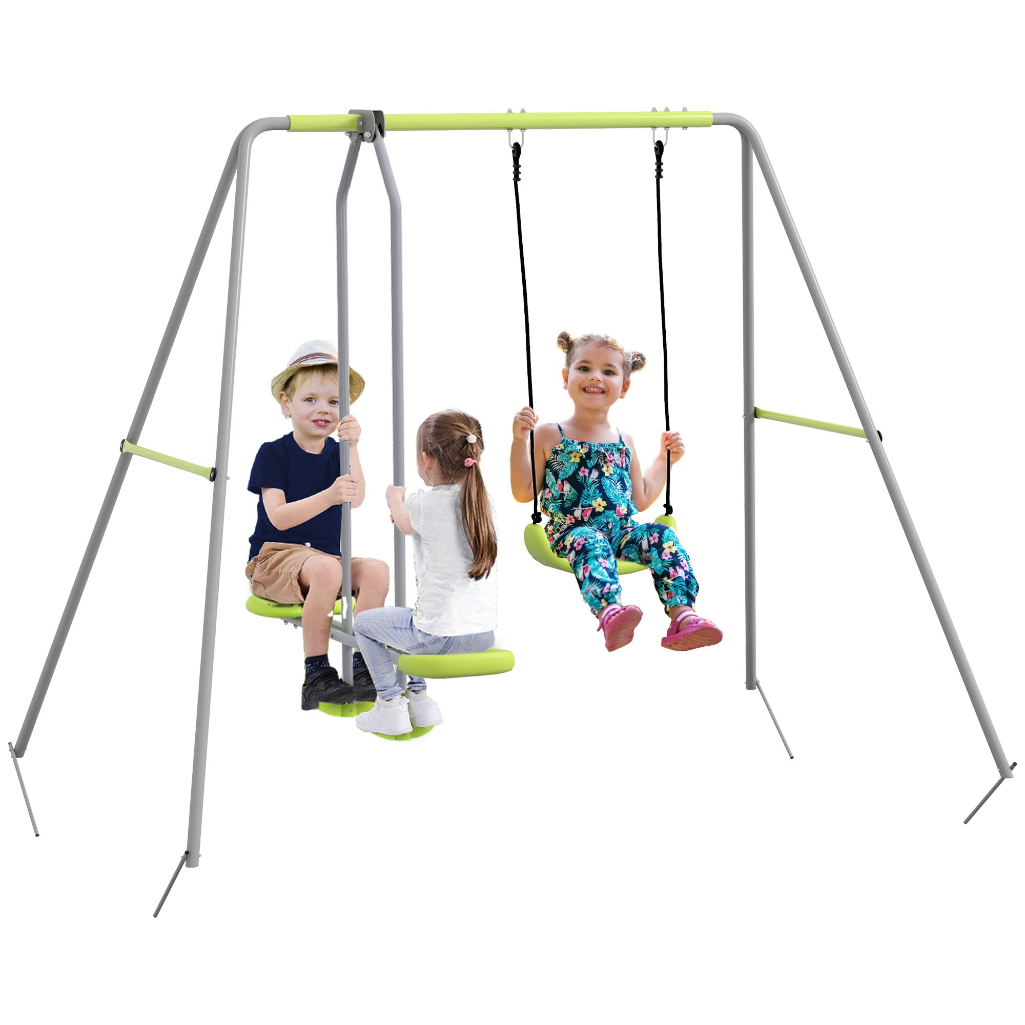 Baloiço para Crianças com 1 Baloiço Simples, 1 Planador, Anti-UV, 135 kg, 255x160x180 cm - Verde e Cinza