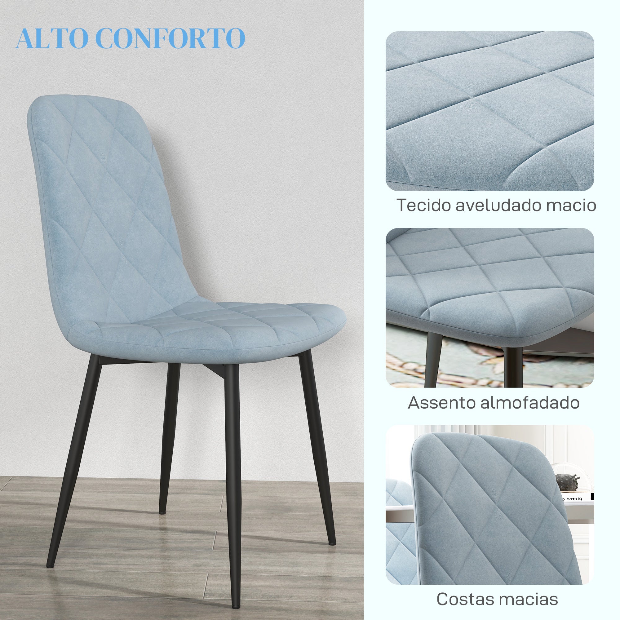 Conjunto de 4 Cadeiras de Jantar Estofadas em Veludo Azul Claro 45x54x87 cm