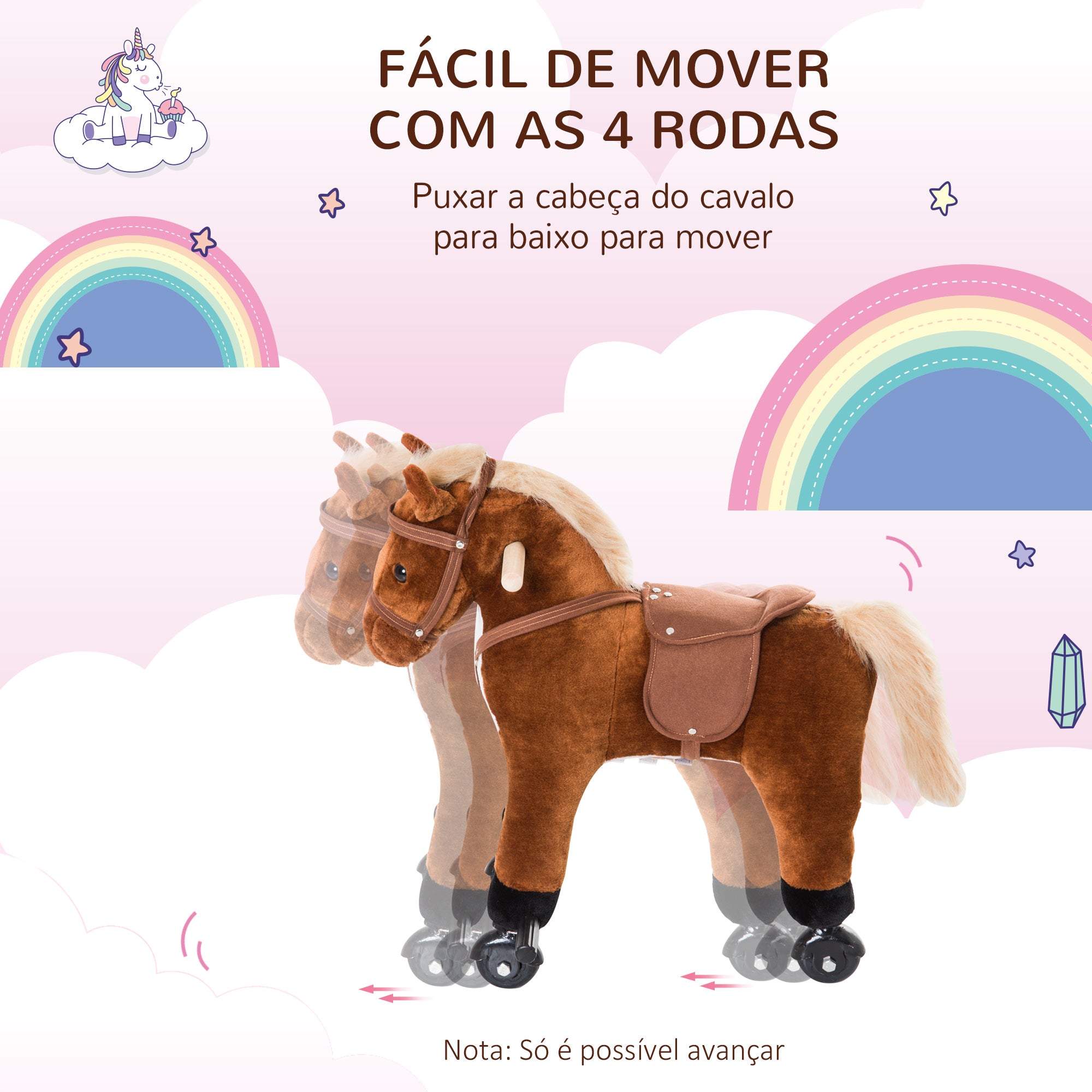 Cavalo de Brinquedo com Sons - 55x23x60 cm - Marrom - Pelúcia e Aço