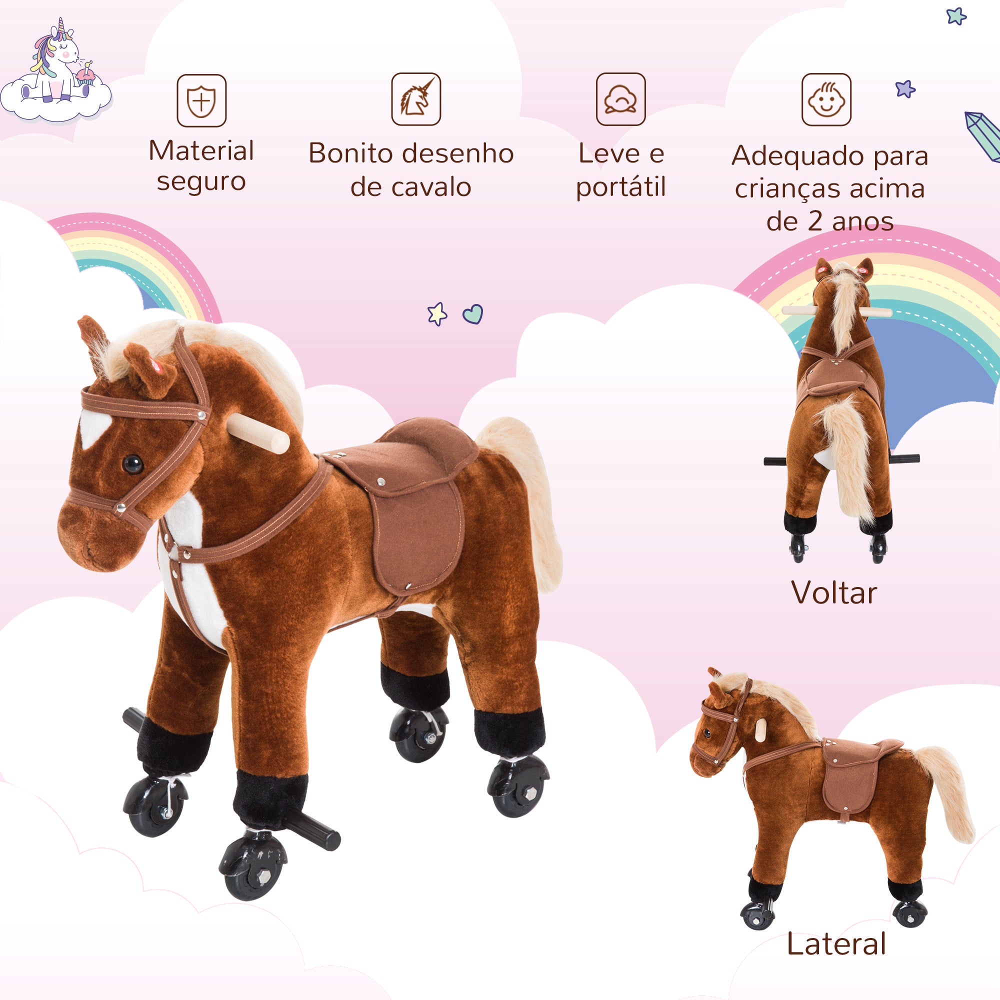 Cavalo de Brinquedo com Sons - 55x23x60 cm - Marrom - Pelúcia e Aço