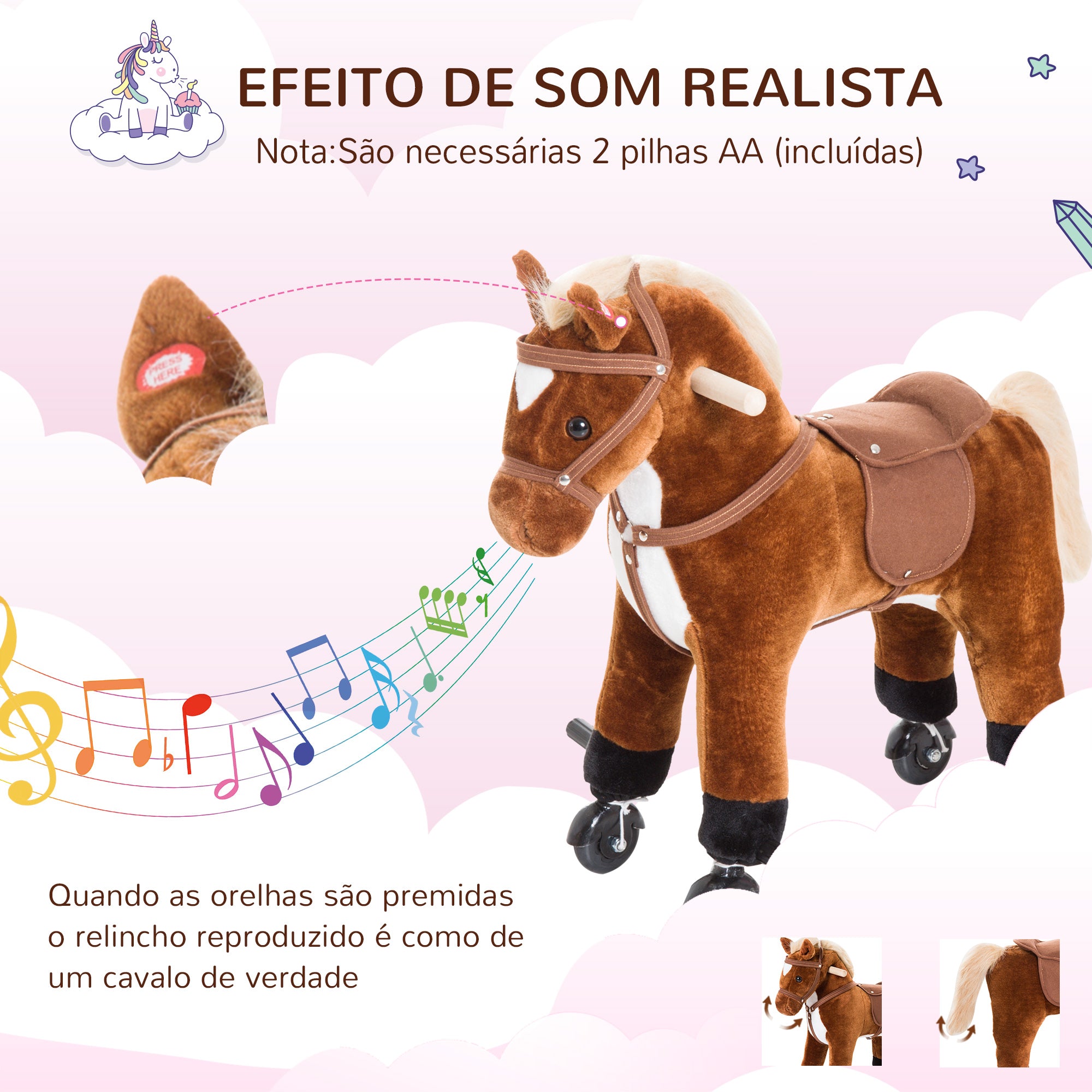 Cavalo de Brinquedo com Sons - 55x23x60 cm - Marrom - Pelúcia e Aço