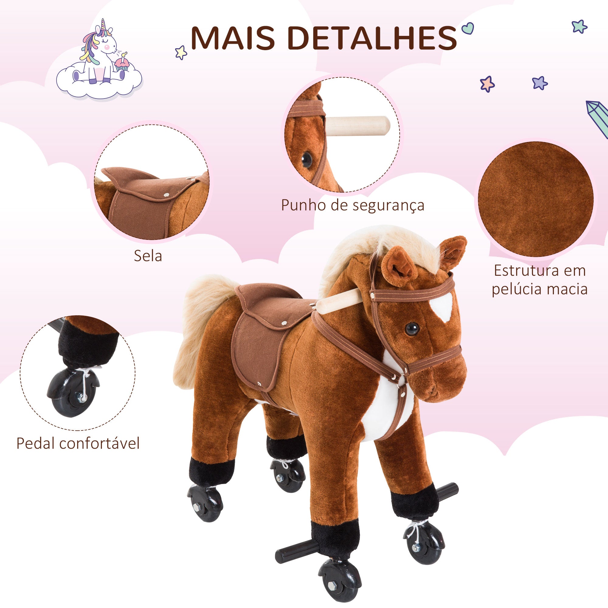 Cavalo de Brinquedo com Sons - 55x23x60 cm - Marrom - Pelúcia e Aço