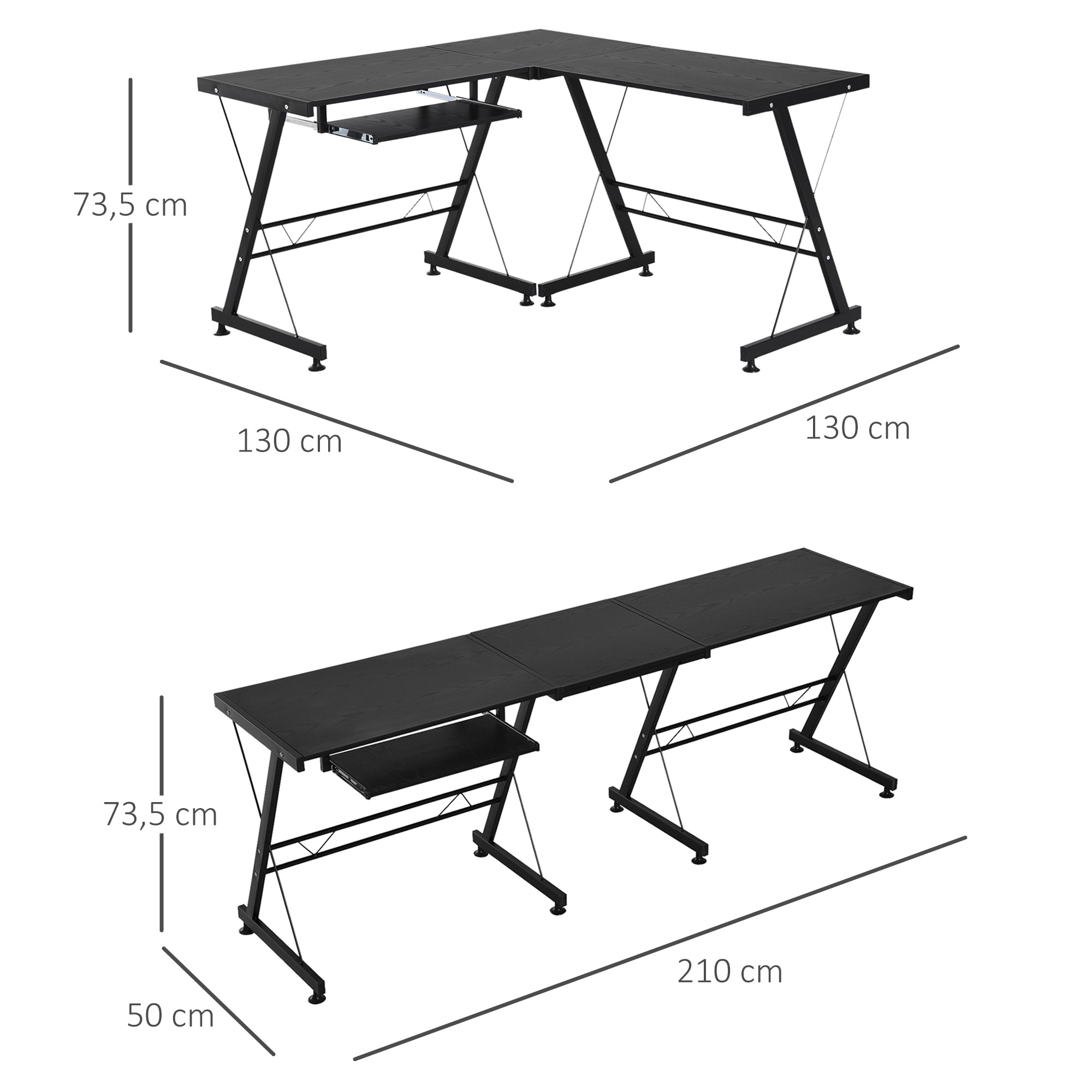 Secretária para Escritório 2 em 1 130x130x73,5cm Preto