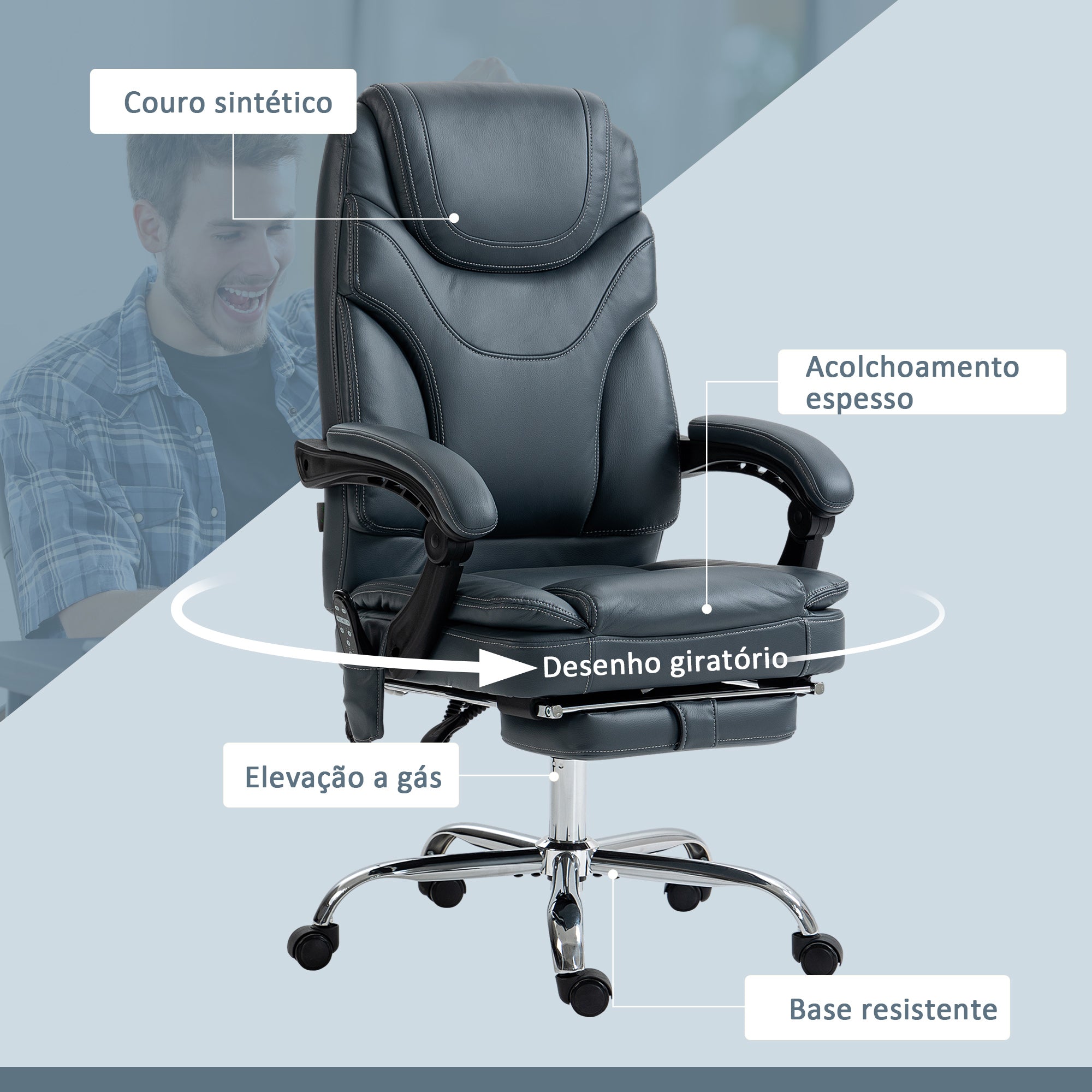 Cadeira de Escritório – 67x67x113-121 cm – Cinza – Couro PU, espuma e aço