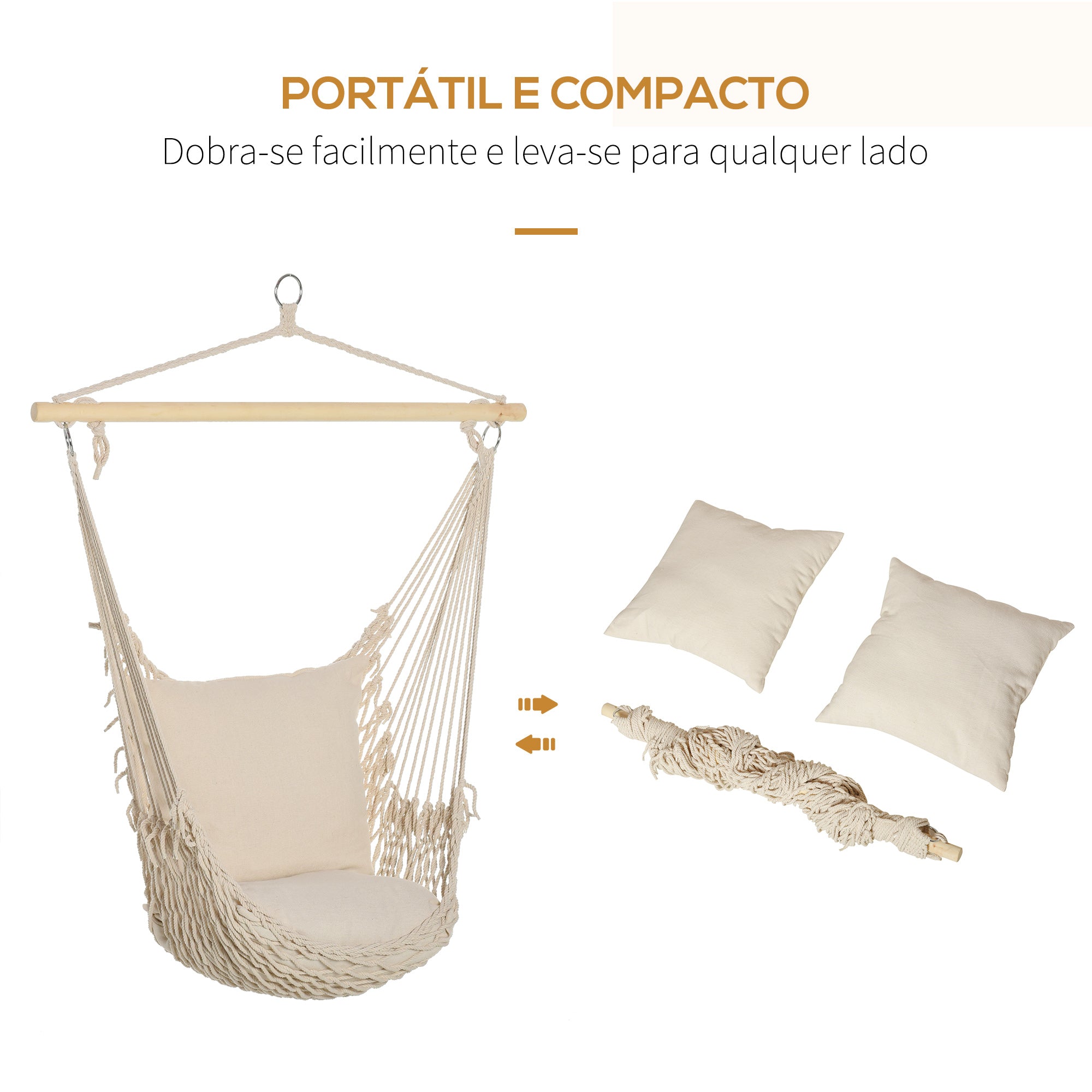 Cadeira Rede Suspensa com 2 Almofadas de Algodão - 120x90 cm - Cor Creme