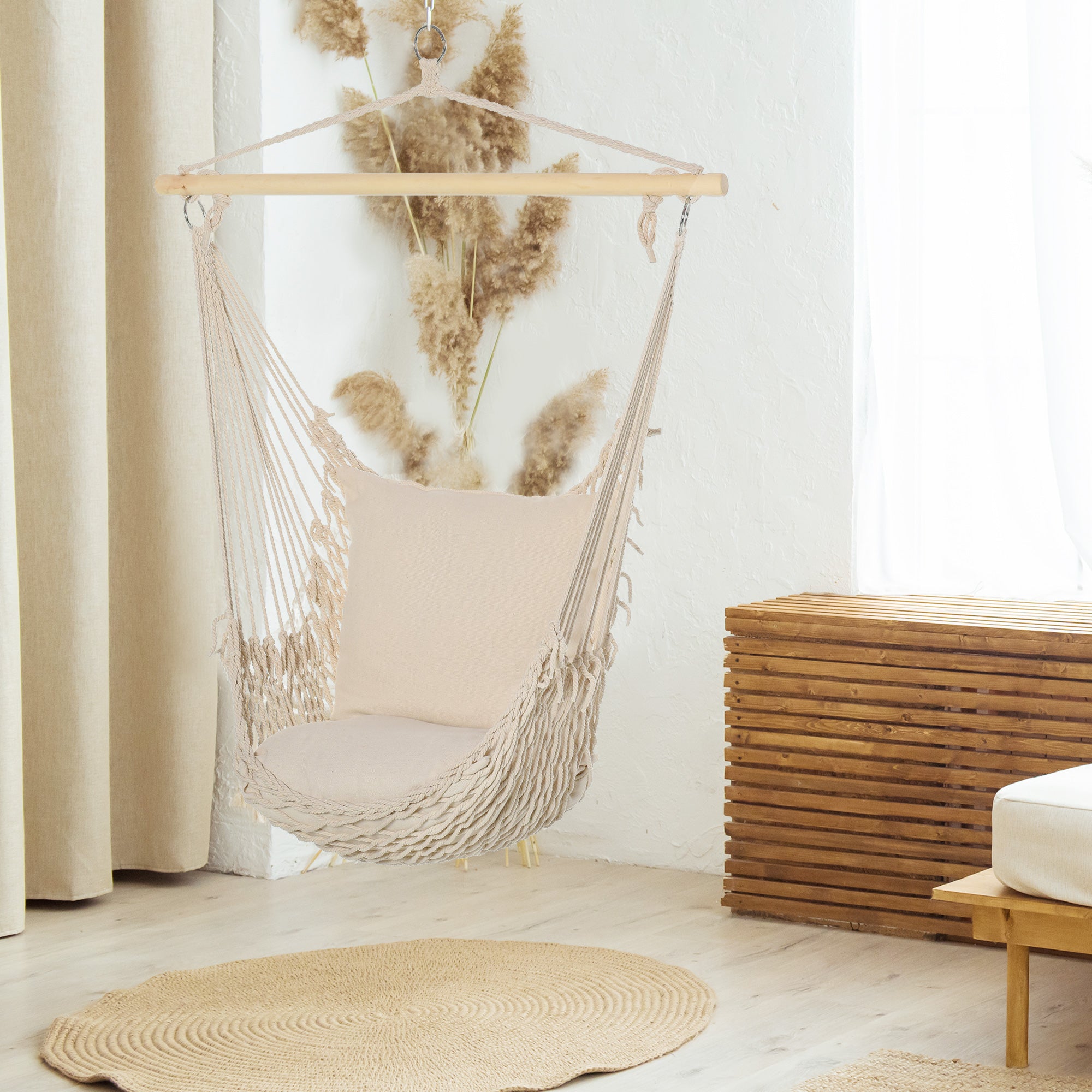Cadeira Rede Suspensa com 2 Almofadas de Algodão - 120x90 cm - Cor Creme