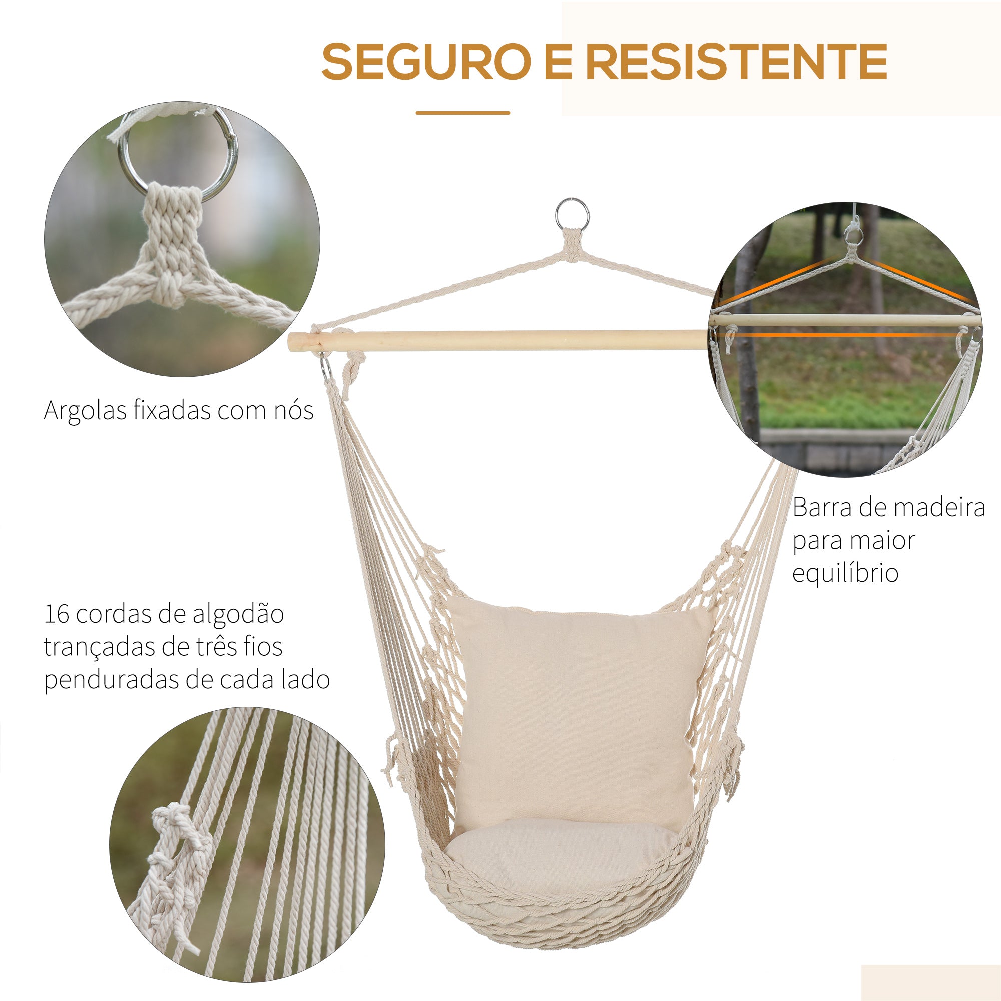 Cadeira Rede Suspensa com 2 Almofadas de Algodão - 120x90 cm - Cor Creme