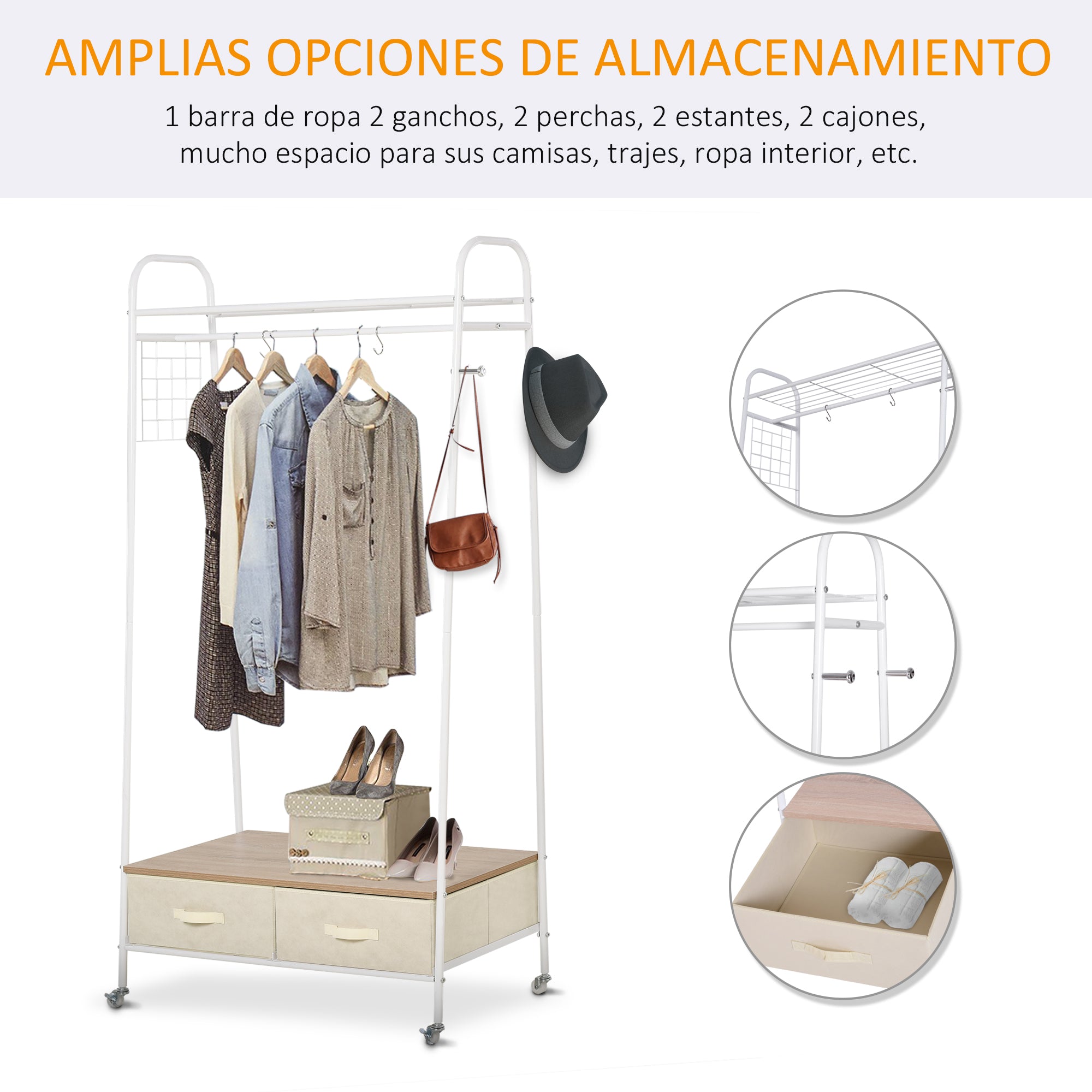 Suporte Metálico com Rodas e Gavetas 99x47x185cm - Branco