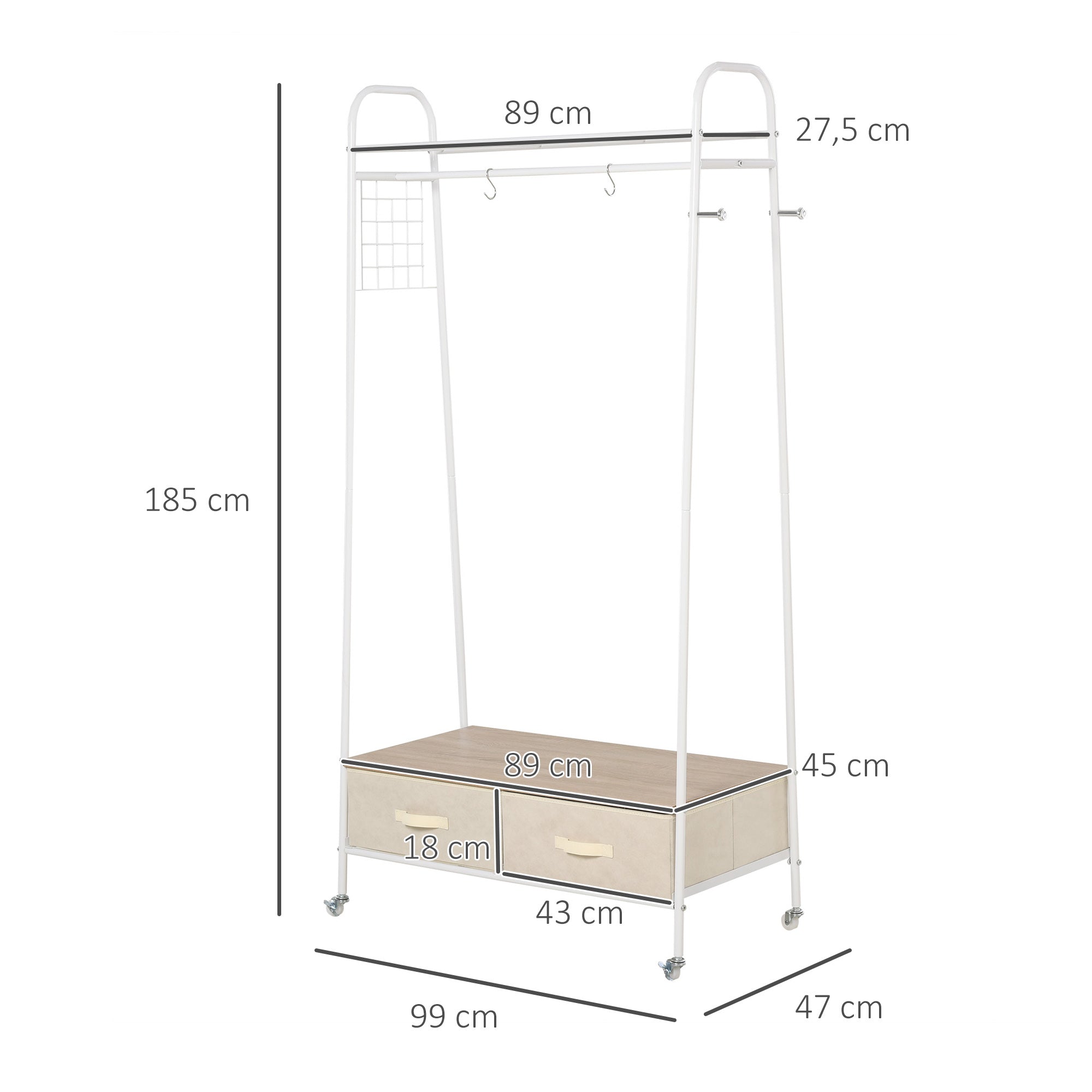 Suporte Metálico com Rodas e Gavetas 99x47x185cm - Branco