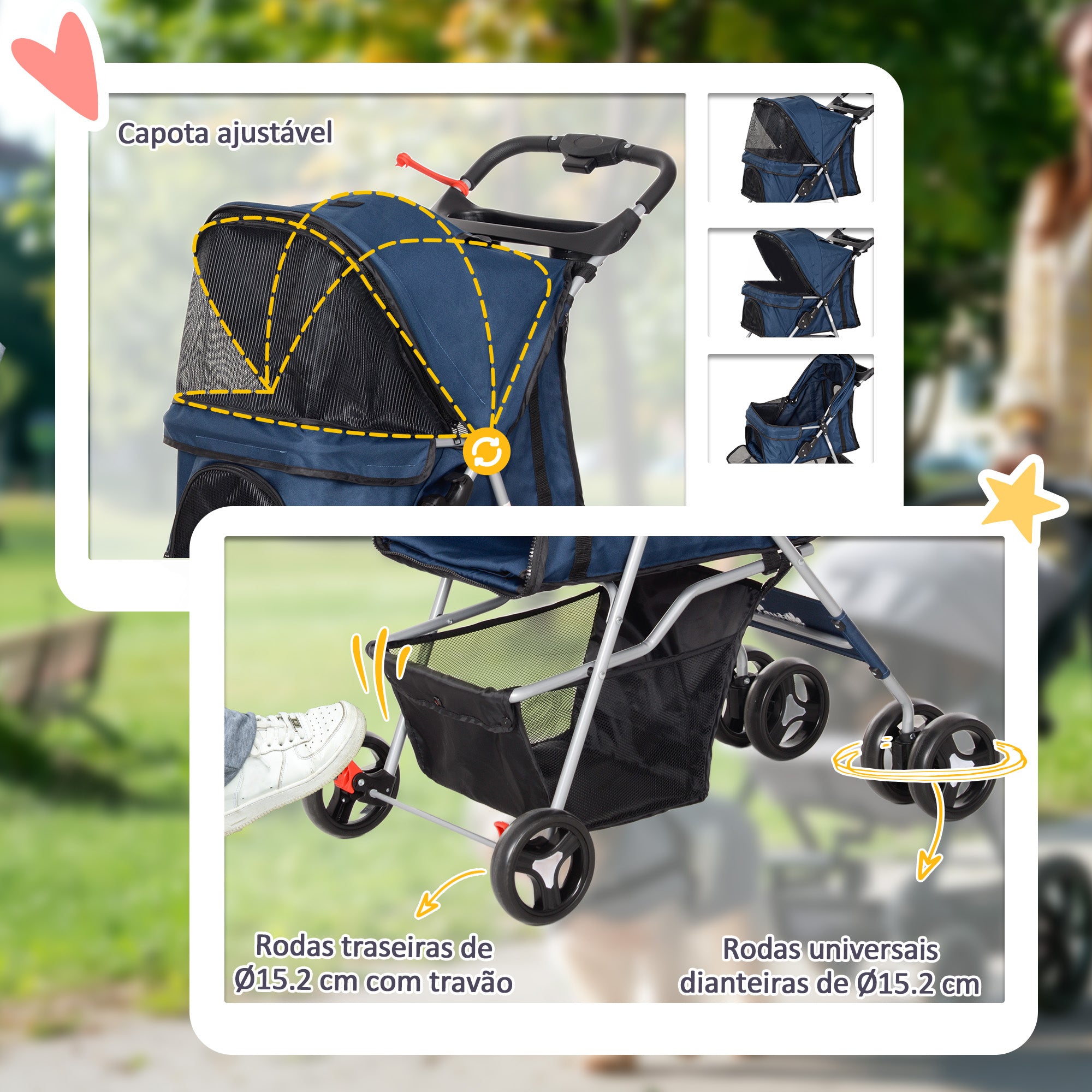 Carrinho para Animais de Estimação Dobrável – 74x46x94 cm – Azul – Aço e Tecido Oxford