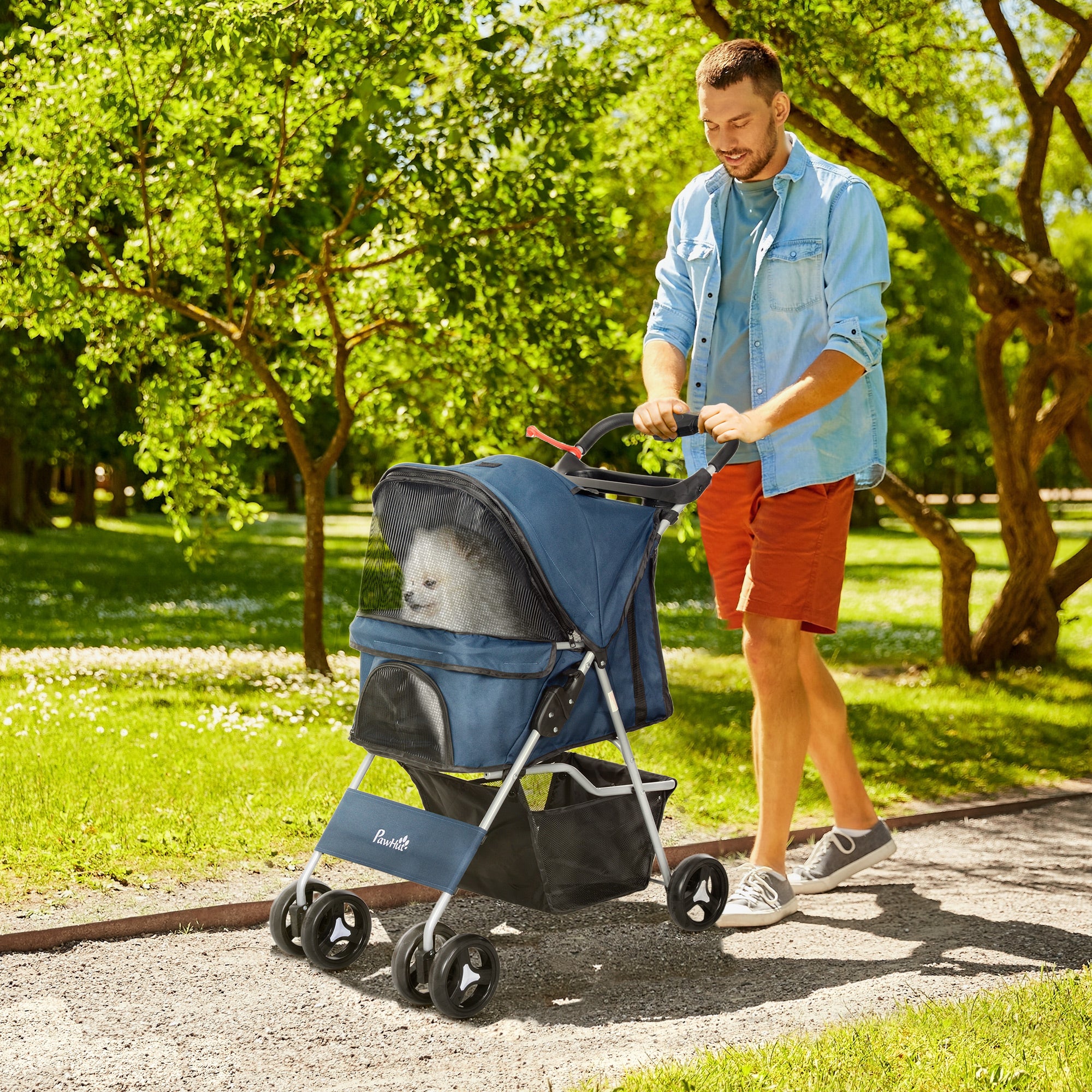 Carrinho para Animais de Estimação Dobrável – 74x46x94 cm – Azul – Aço e Tecido Oxford