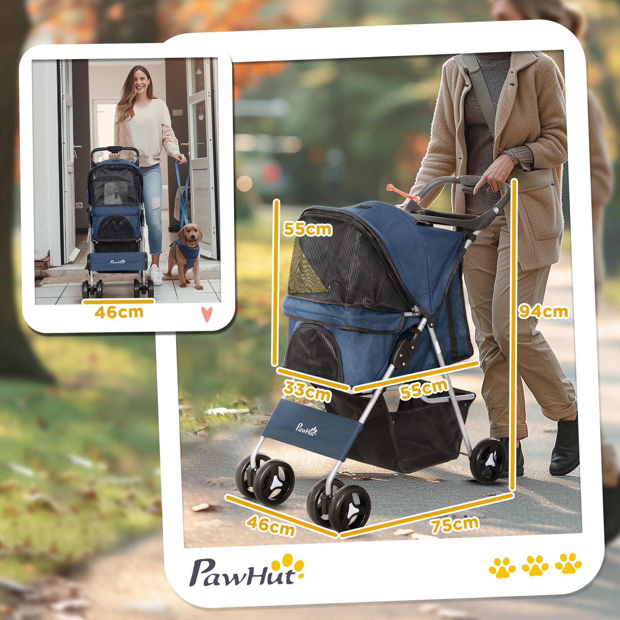 Carrinho para Animais de Estimação Dobrável – 74x46x94 cm – Azul – Aço e Tecido Oxford