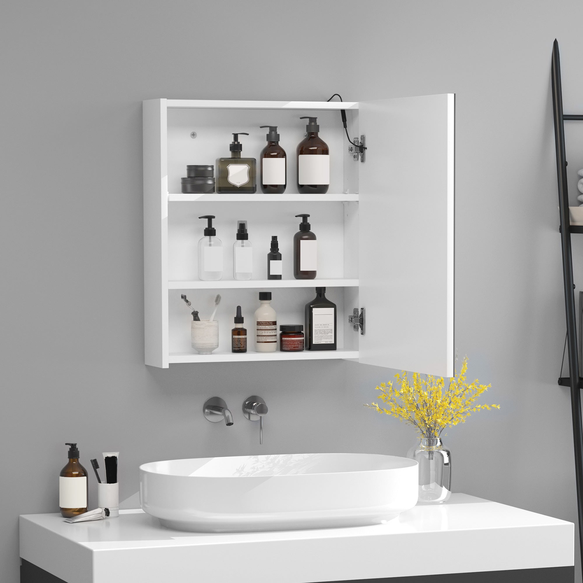 Armário de Casa de Banho com Espelho e Luz LED - Branco - 50x15x60 cm