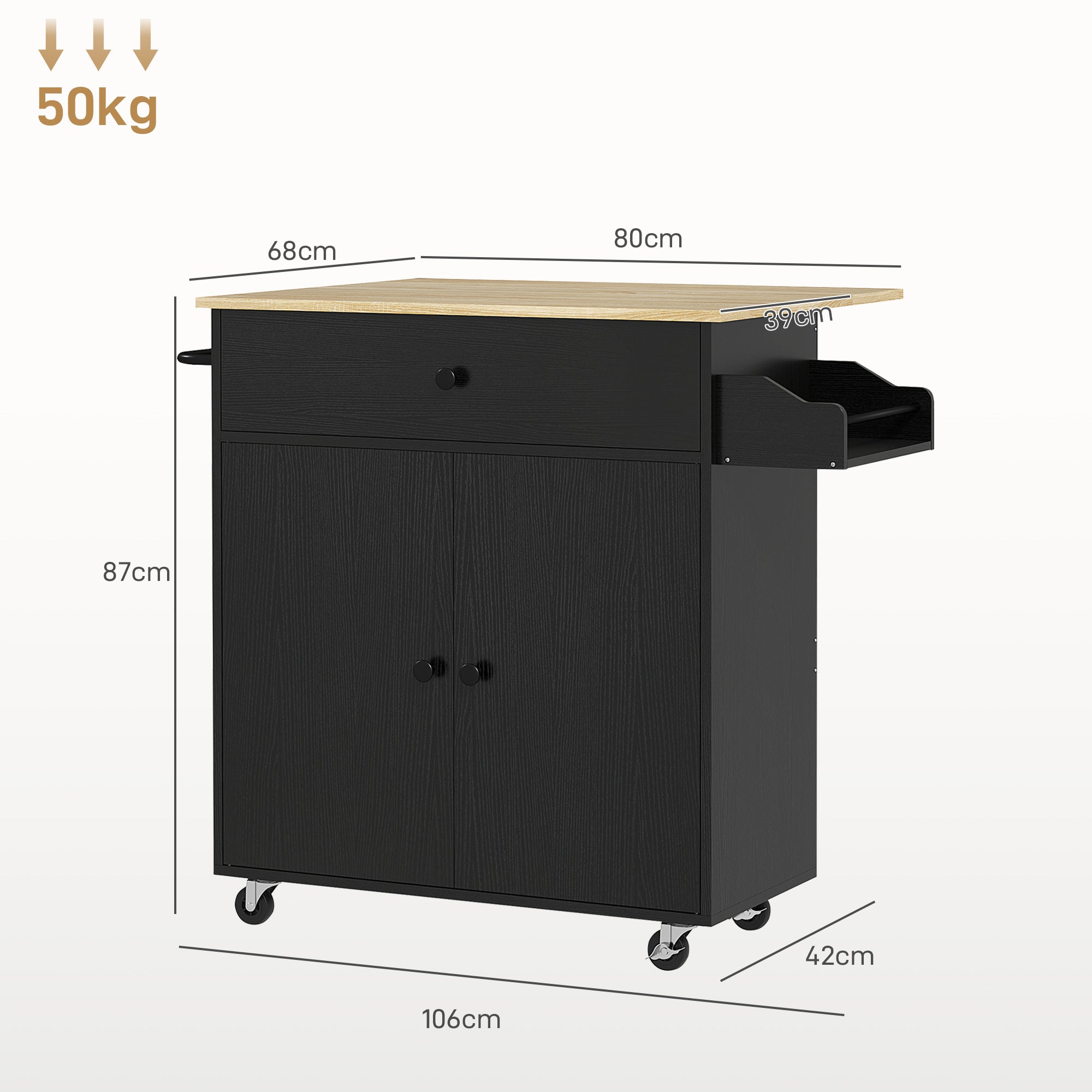 Ilha de Cozinha com Rodas – 106x42x87 cm – Preto – Melamina de madeira e MDF