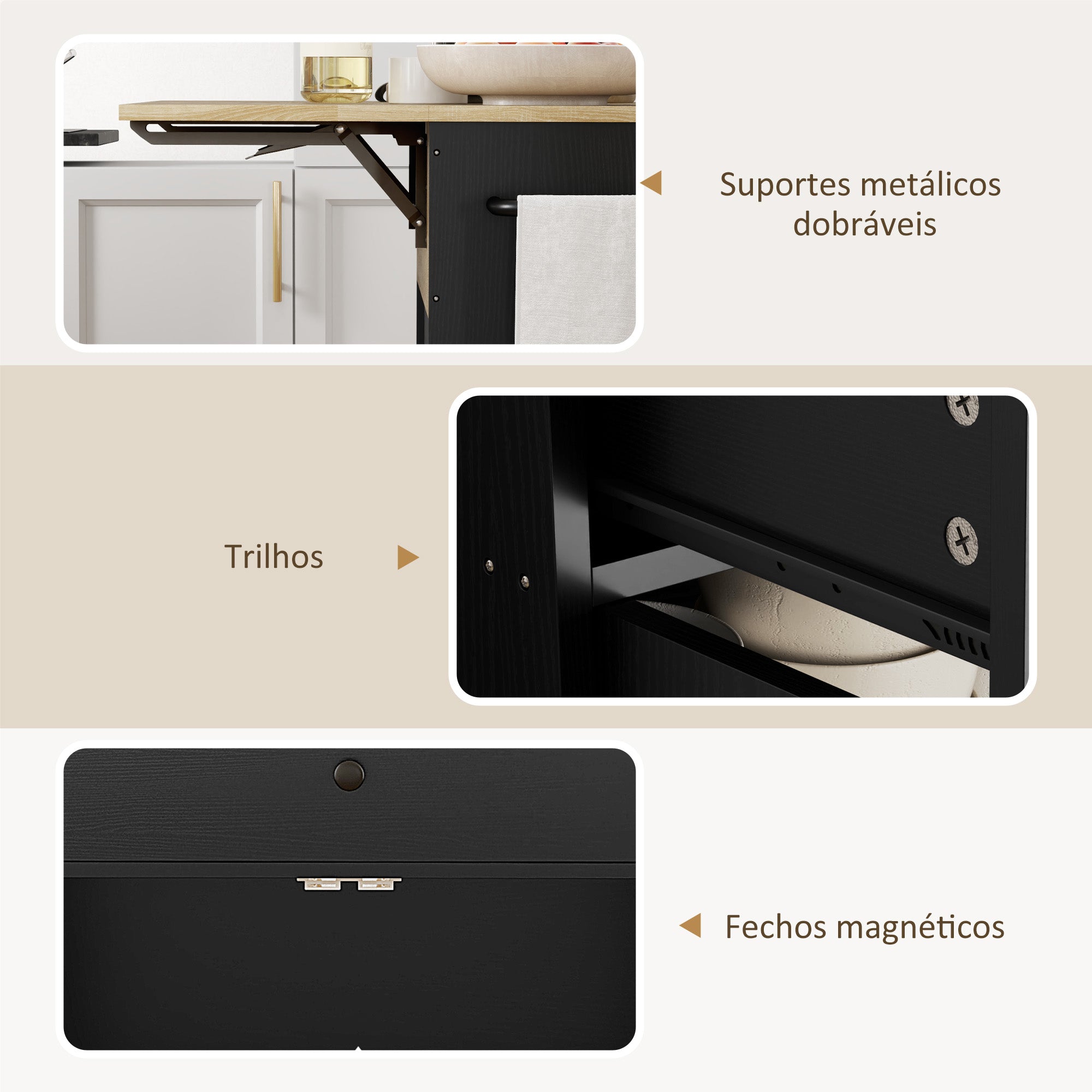 Ilha de Cozinha com Rodas – 106x42x87 cm – Preto – Melamina de madeira e MDF