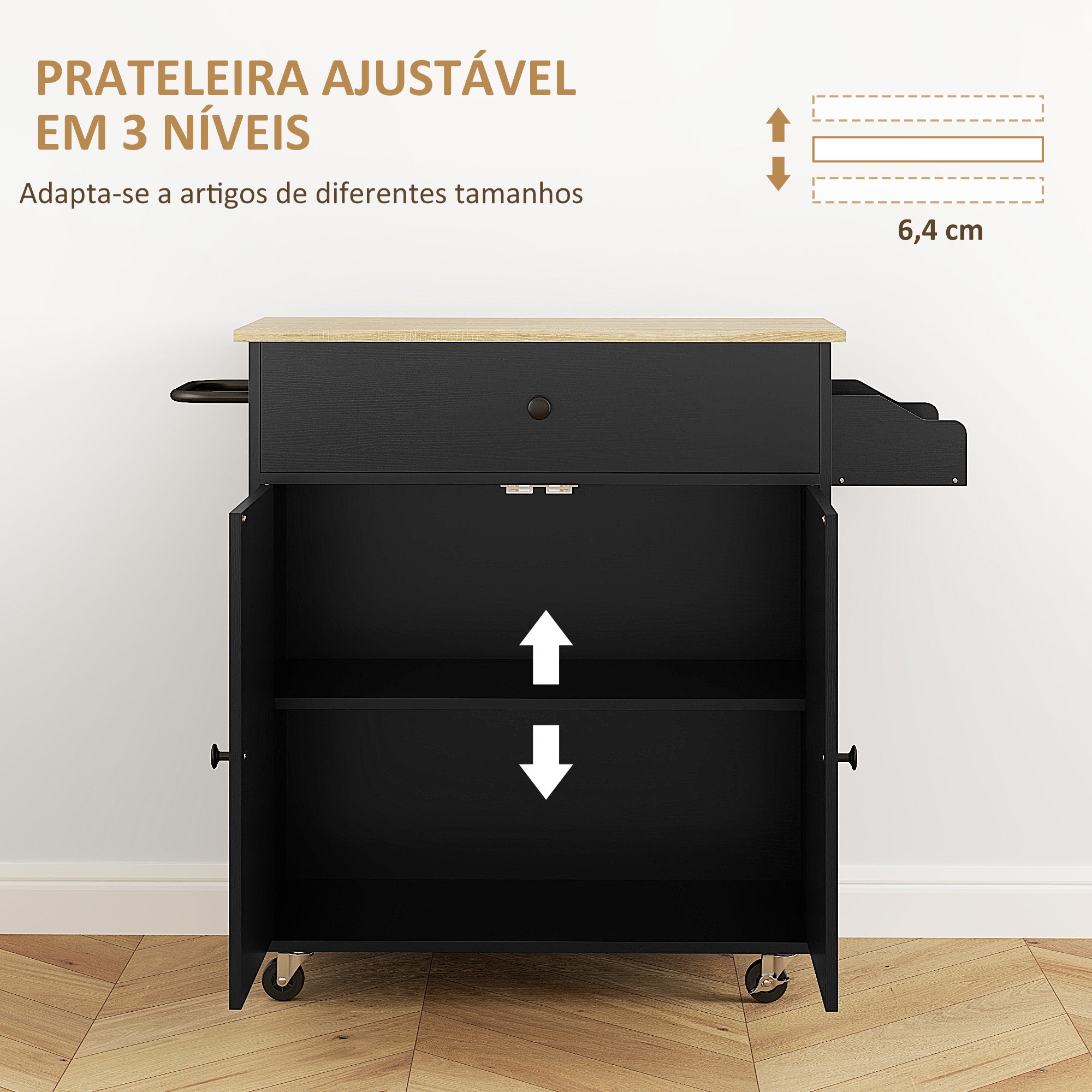 Ilha de Cozinha com Rodas – 106x42x87 cm – Preto – Melamina de madeira e MDF