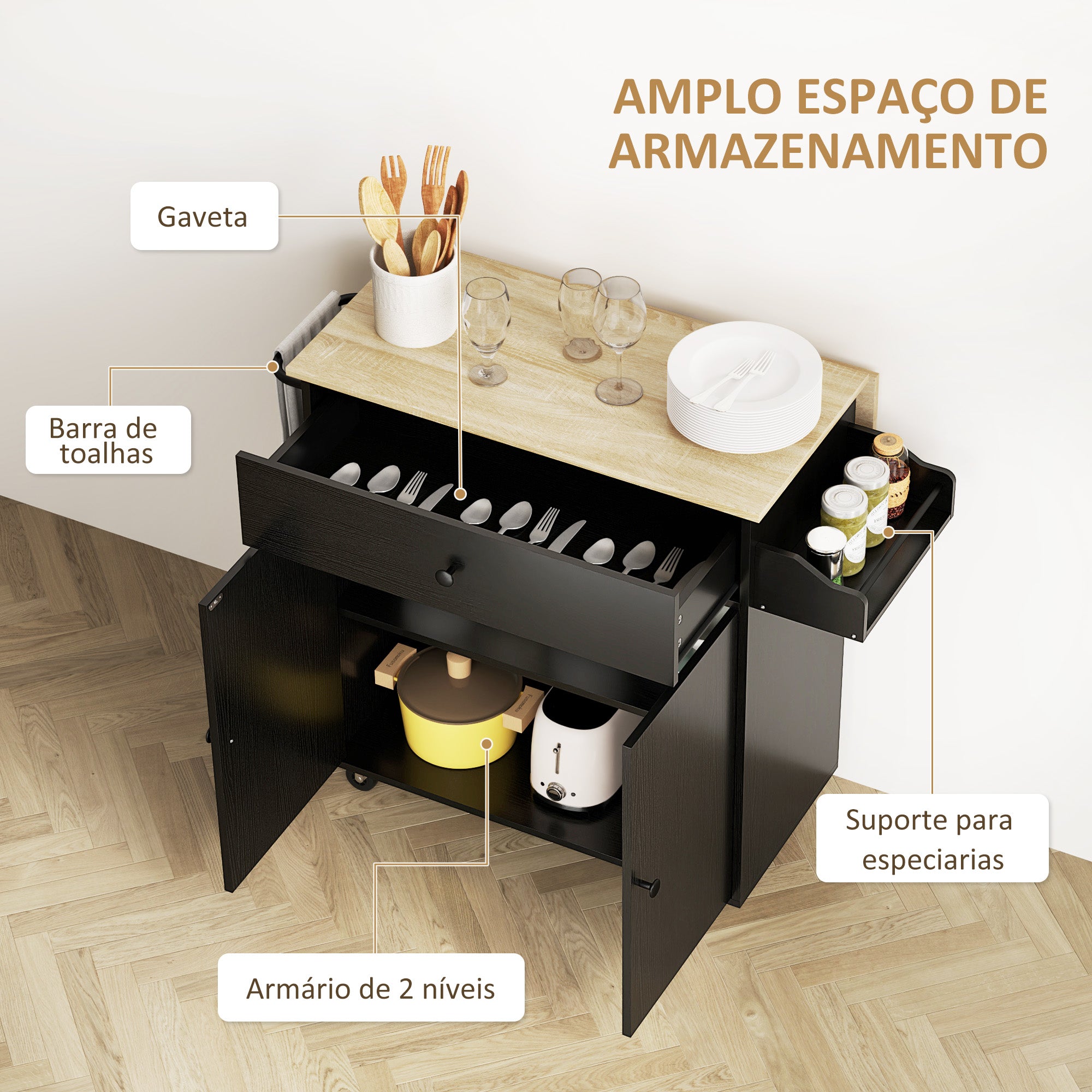 Ilha de Cozinha com Rodas – 106x42x87 cm – Preto – Melamina de madeira e MDF