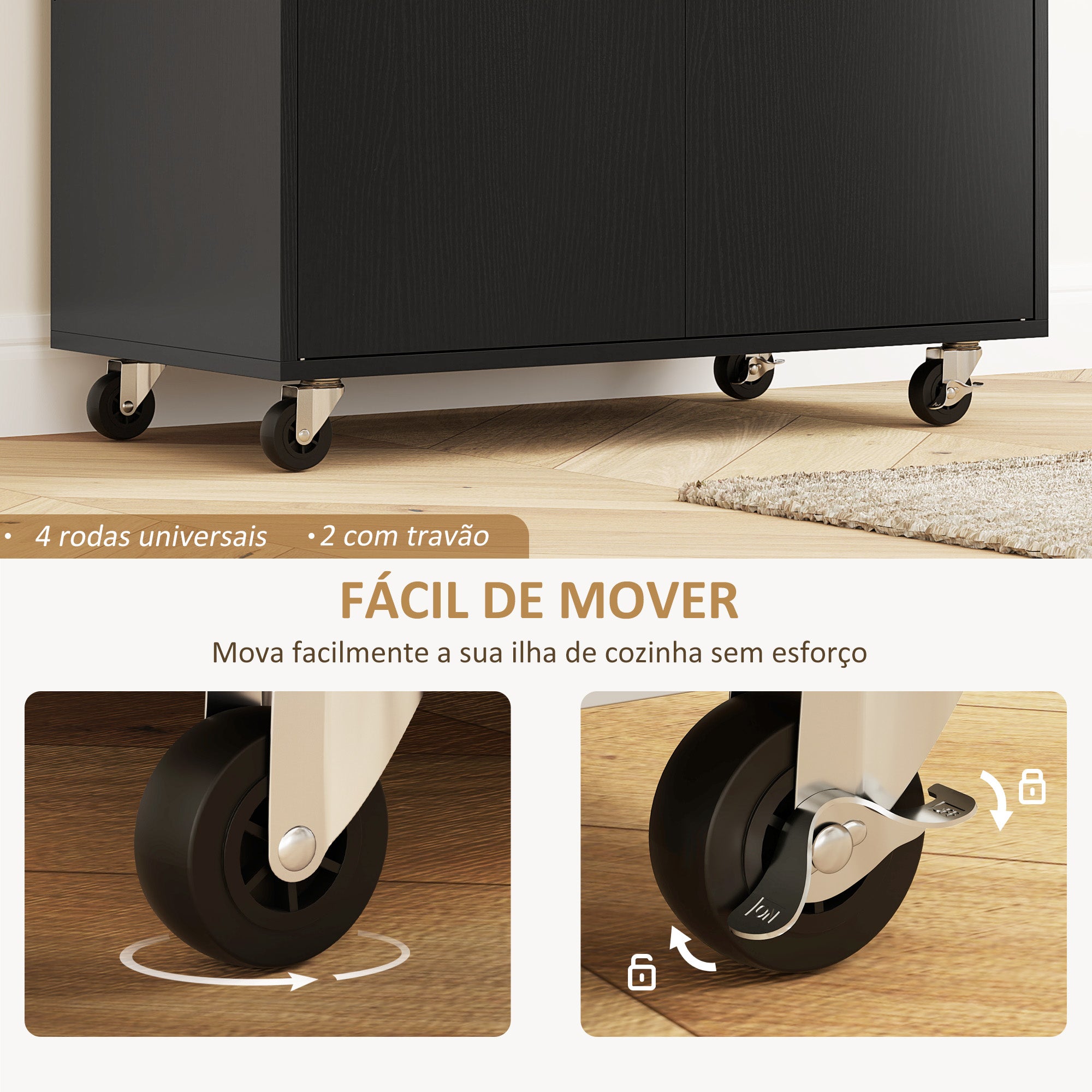 Ilha de Cozinha com Rodas – 106x42x87 cm – Preto – Melamina de madeira e MDF