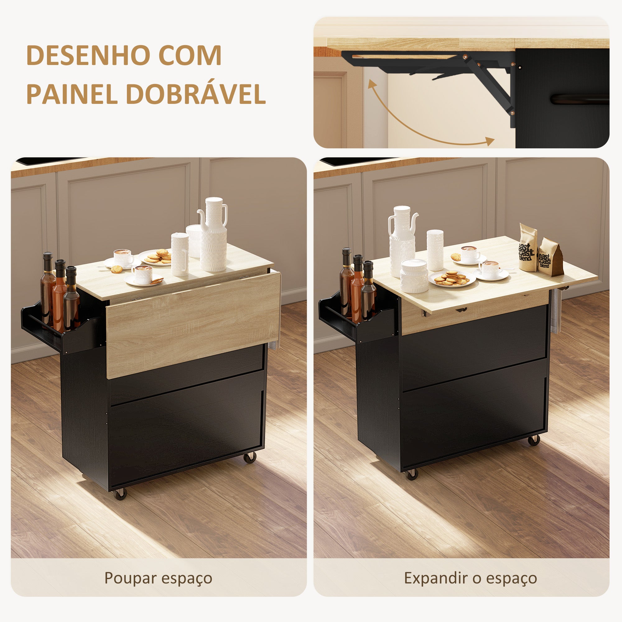 Ilha de Cozinha com Rodas – 106x42x87 cm – Preto – Melamina de madeira e MDF