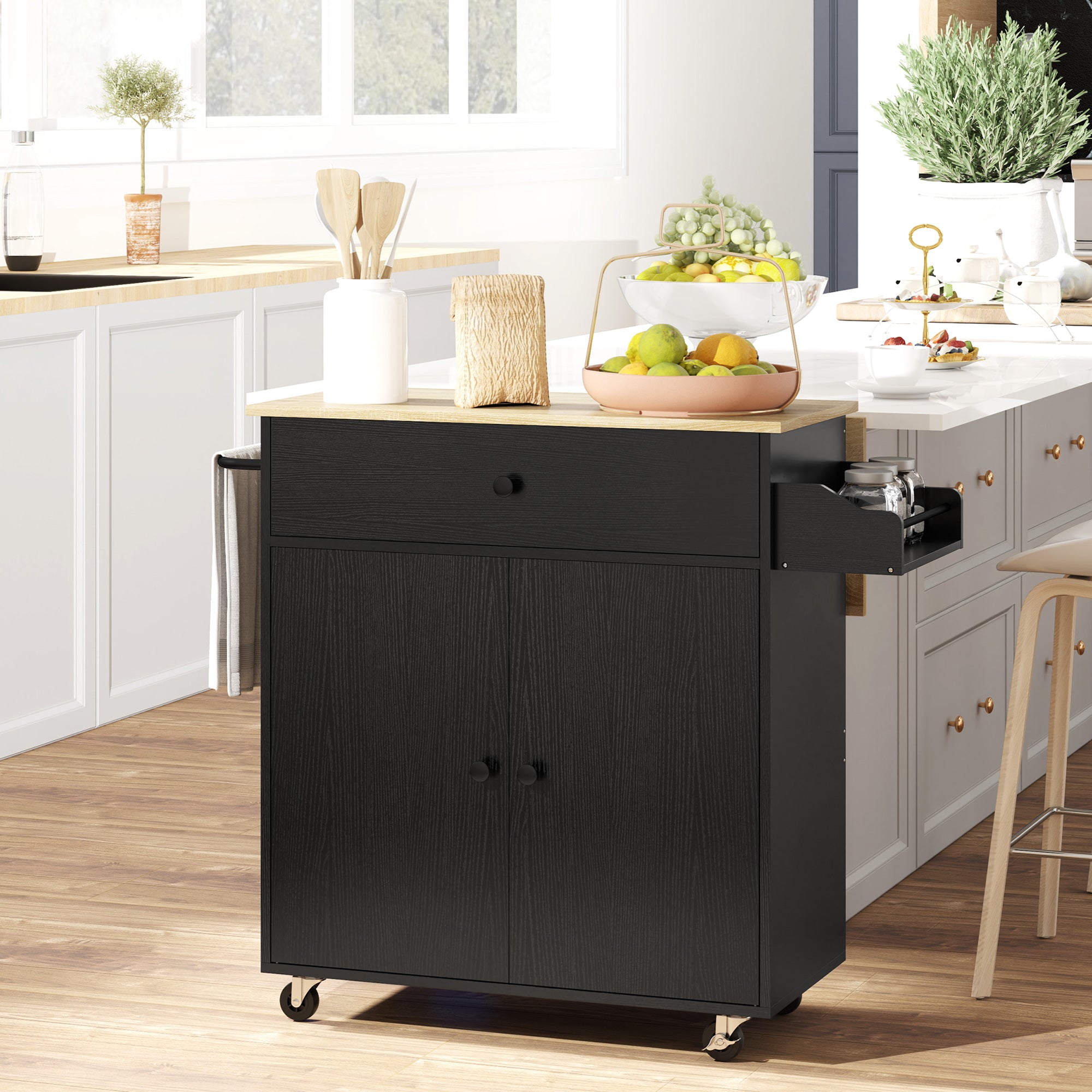Ilha de Cozinha com Rodas – 106x42x87 cm – Preto – Melamina de madeira e MDF