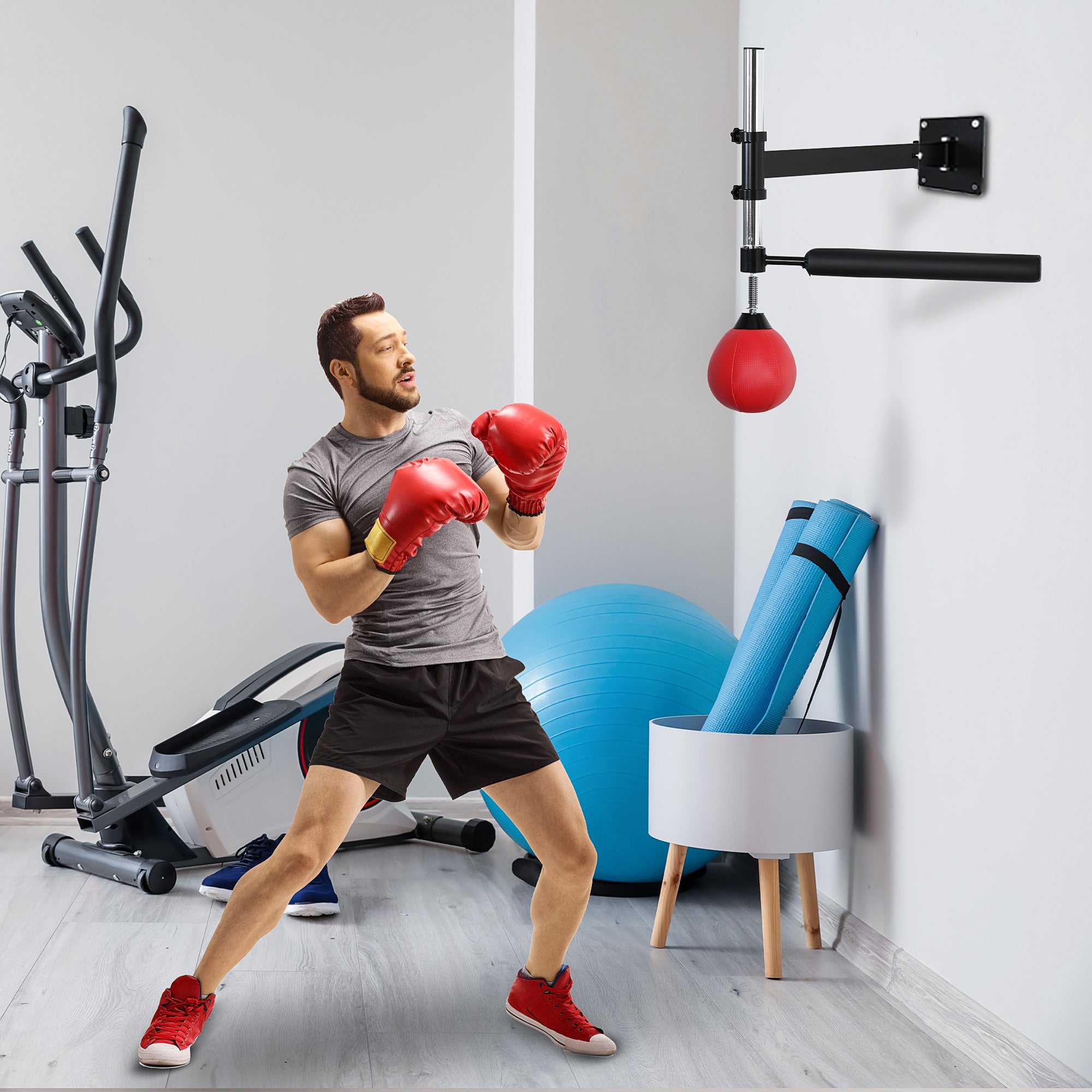 Punching Ball de Boxe Montado na Parede – 79x72x20 cm – Preto e Vermelho – Aço revestido a pó e Couro PU
