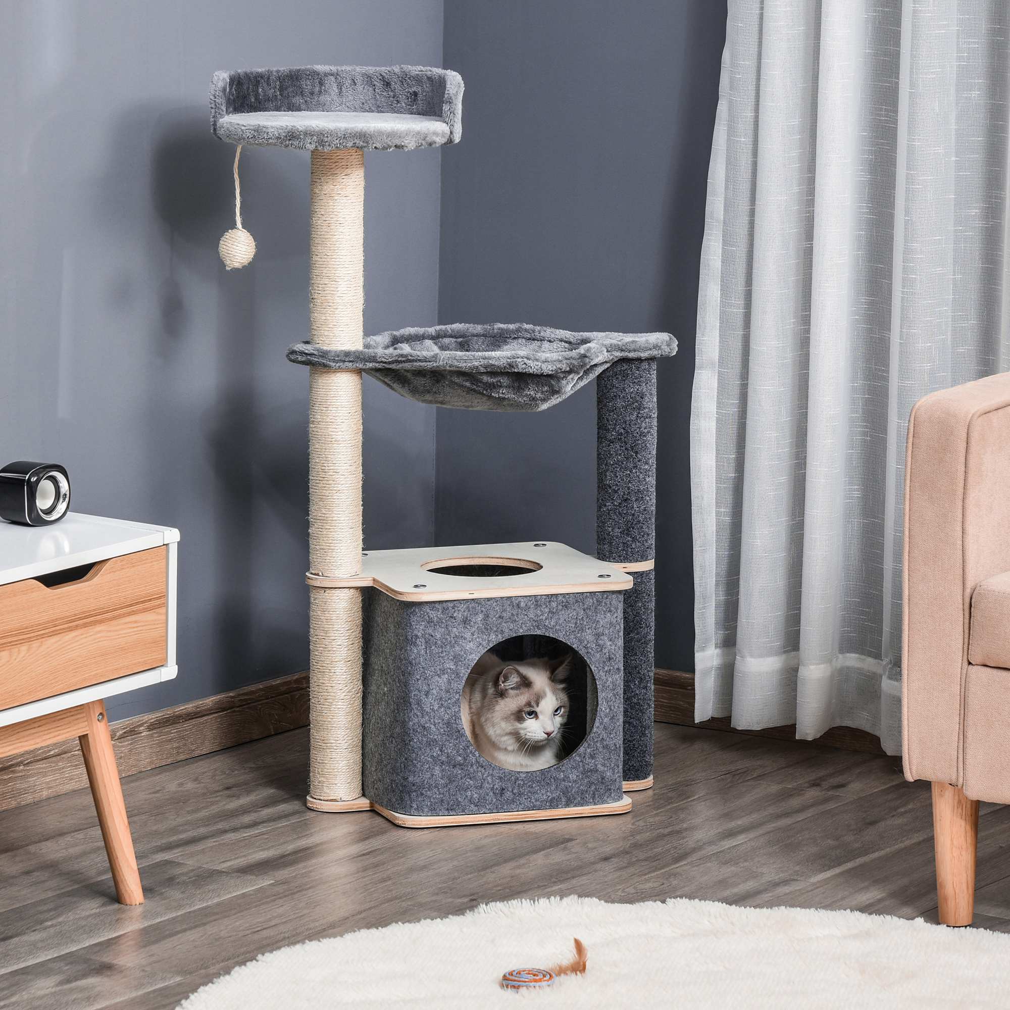 Árvore Arranhador para Gatos 48x34x95cm - Cinza e Bege