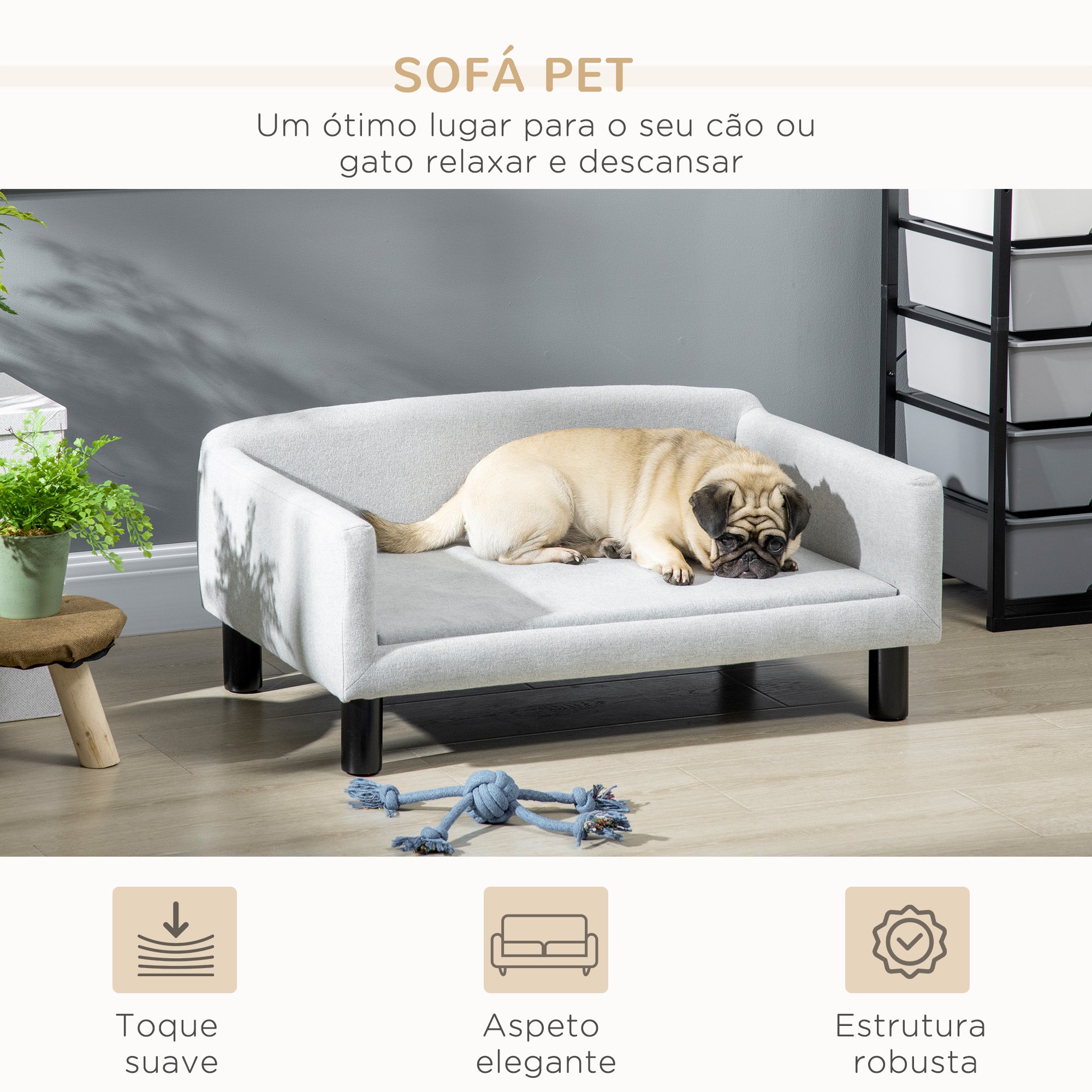 Sofá para Cães Médios Cinza Claro 82x54x36 cm