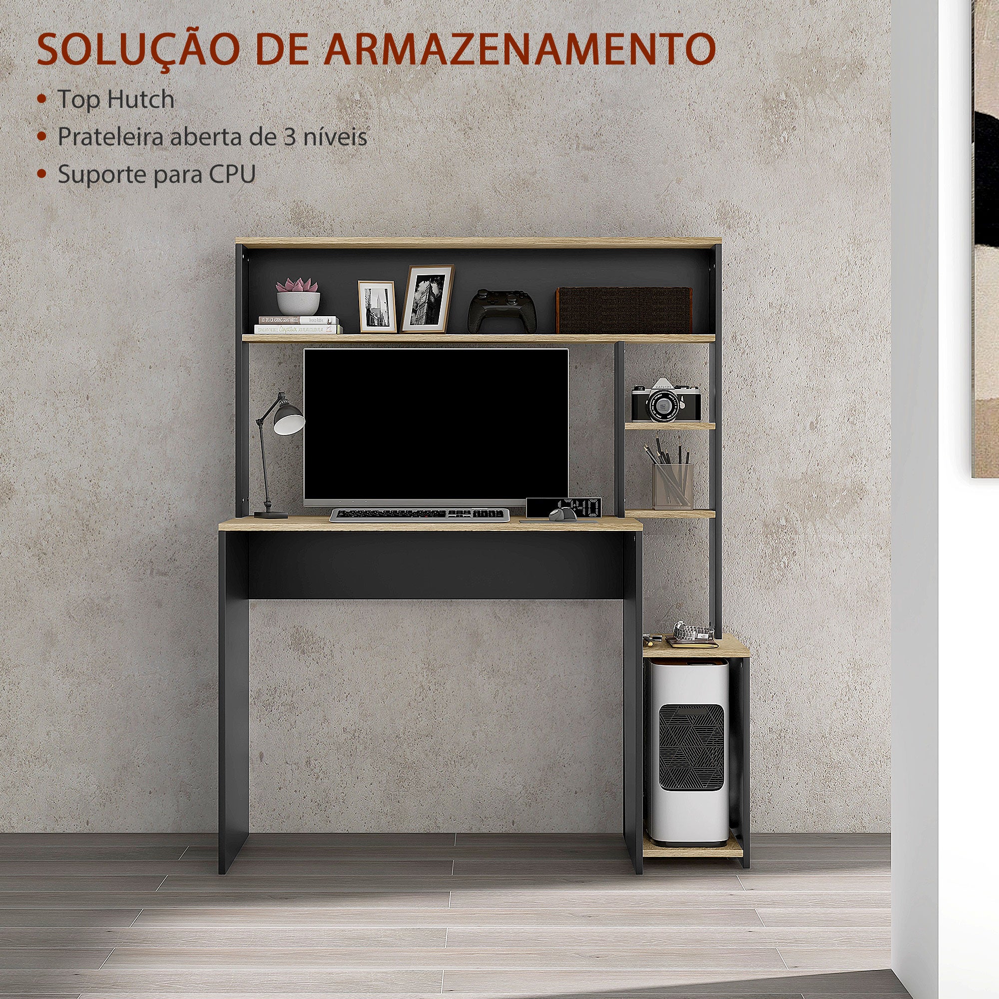 Secretária para Computador com Prateleira de 3 Níveis 114x45x138 cm Cinza e Natural