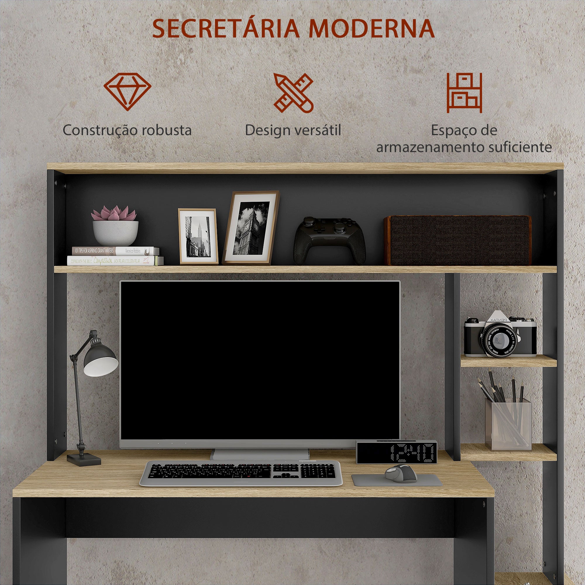 Secretária para Computador com Prateleira de 3 Níveis 114x45x138 cm Cinza e Natural