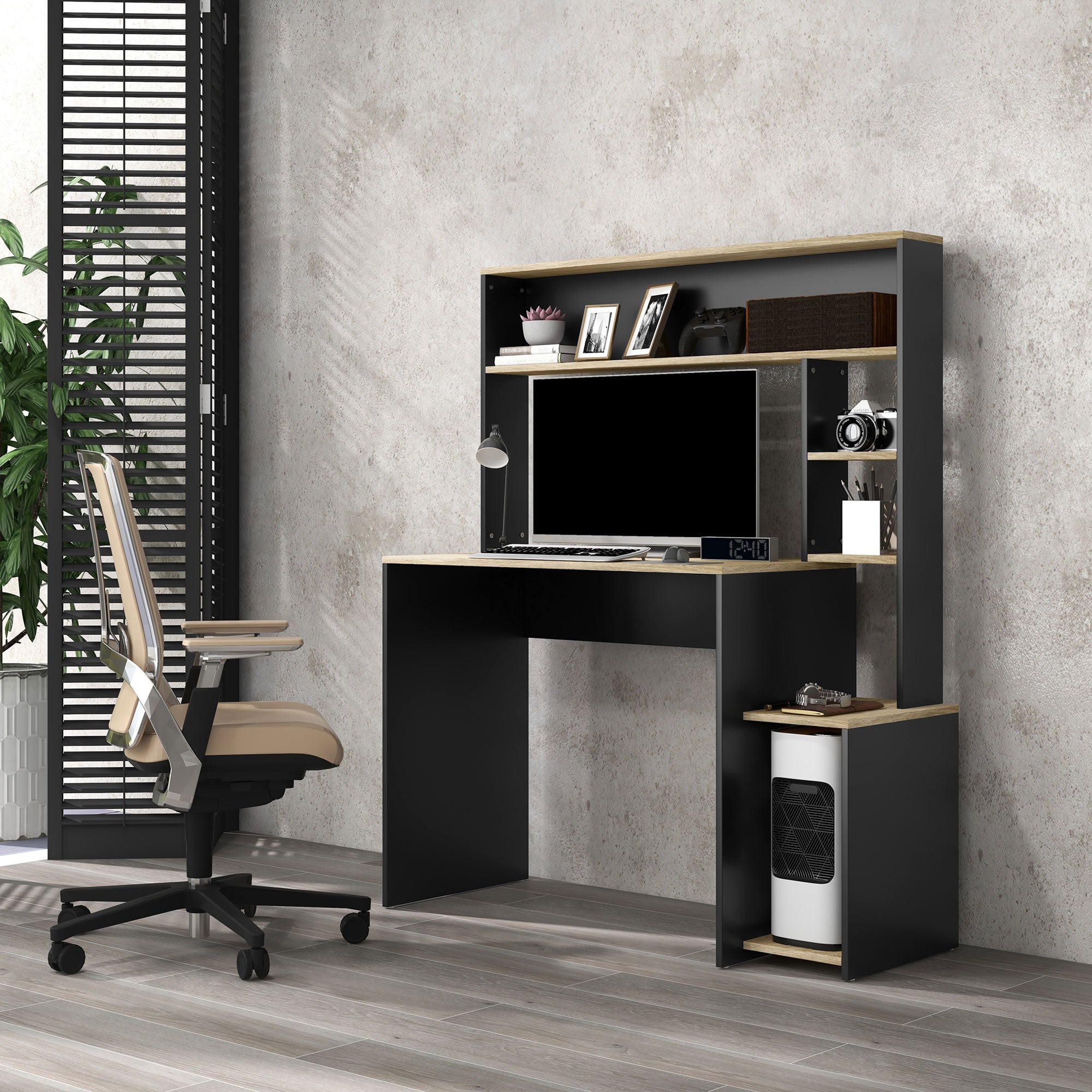 Secretária para Computador com Prateleira de 3 Níveis 114x45x138 cm Cinza e Natural