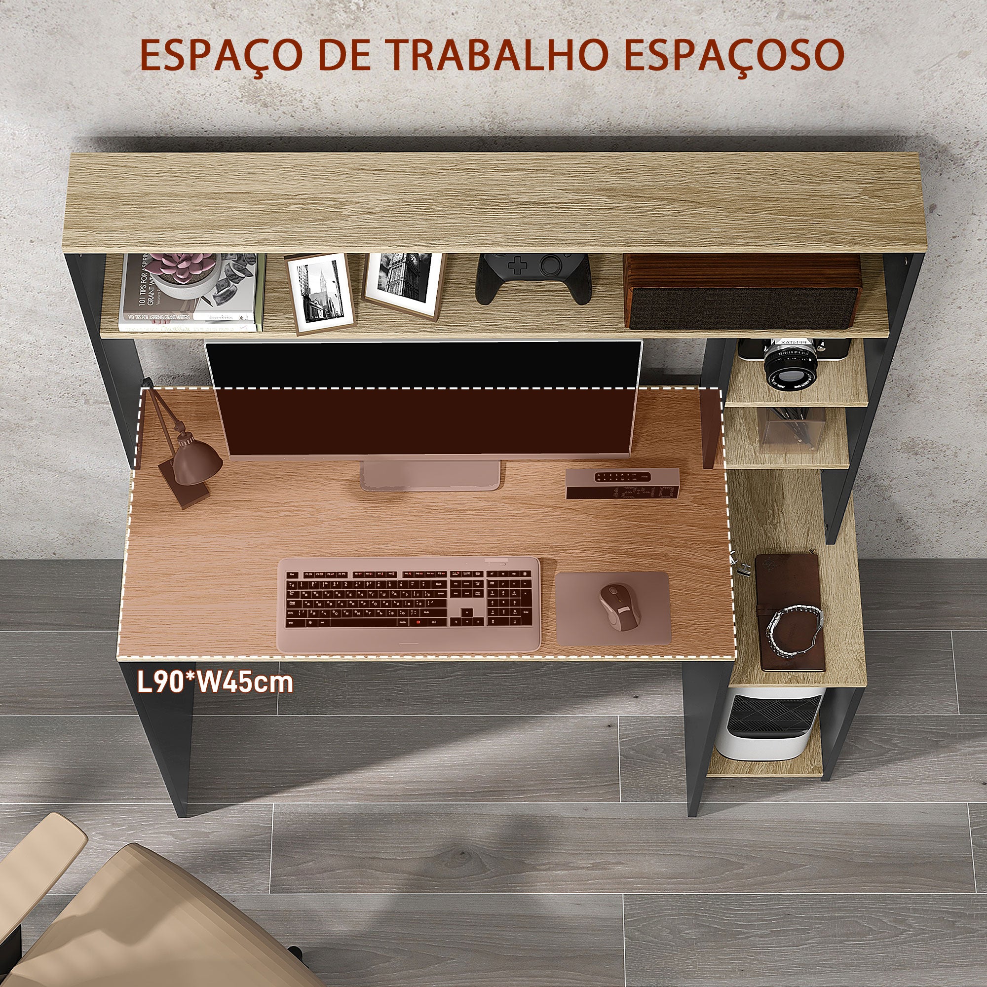 Secretária para Computador com Prateleira de 3 Níveis 114x45x138 cm Cinza e Natural