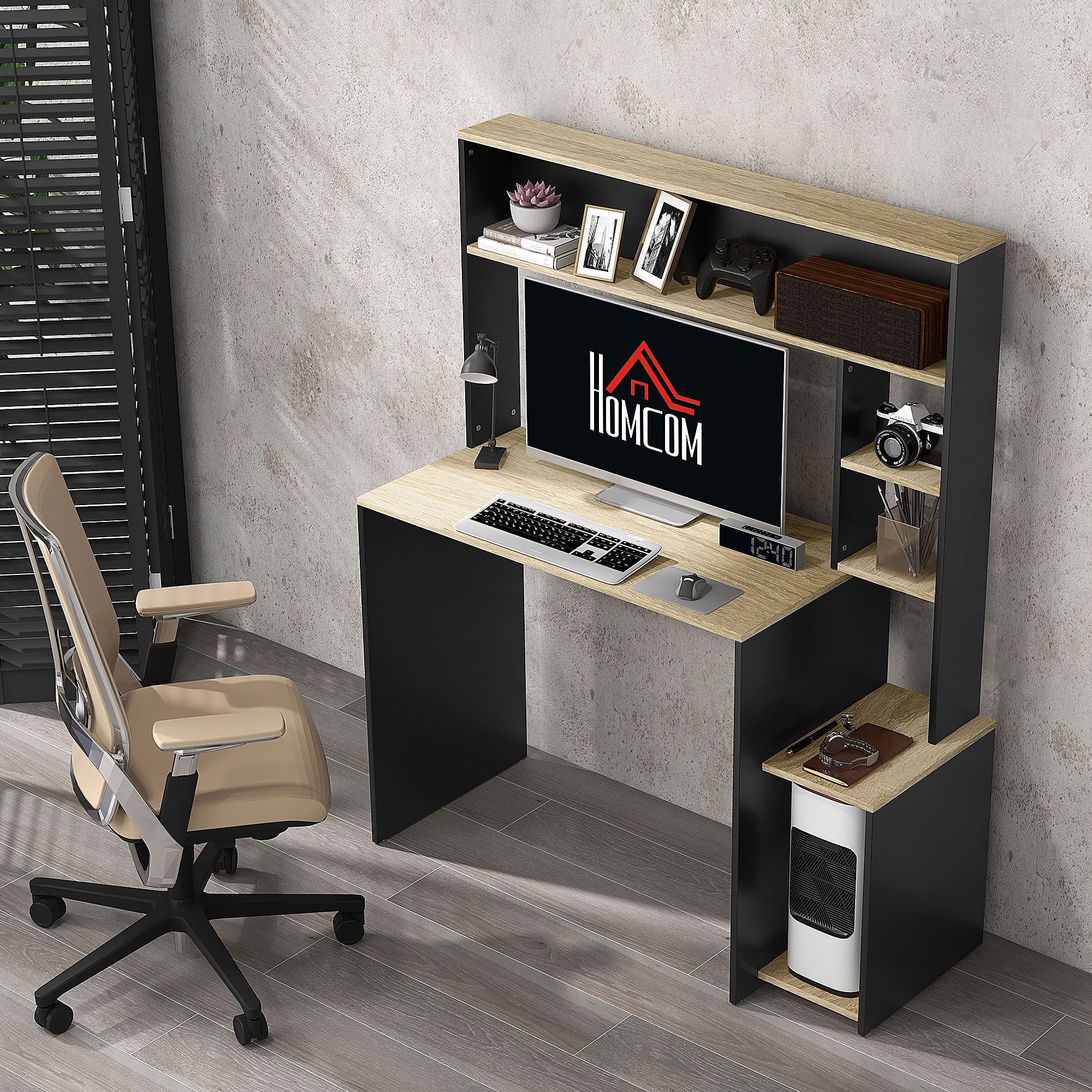 Secretária para Computador com Prateleira de 3 Níveis 114x45x138 cm Cinza e Natural