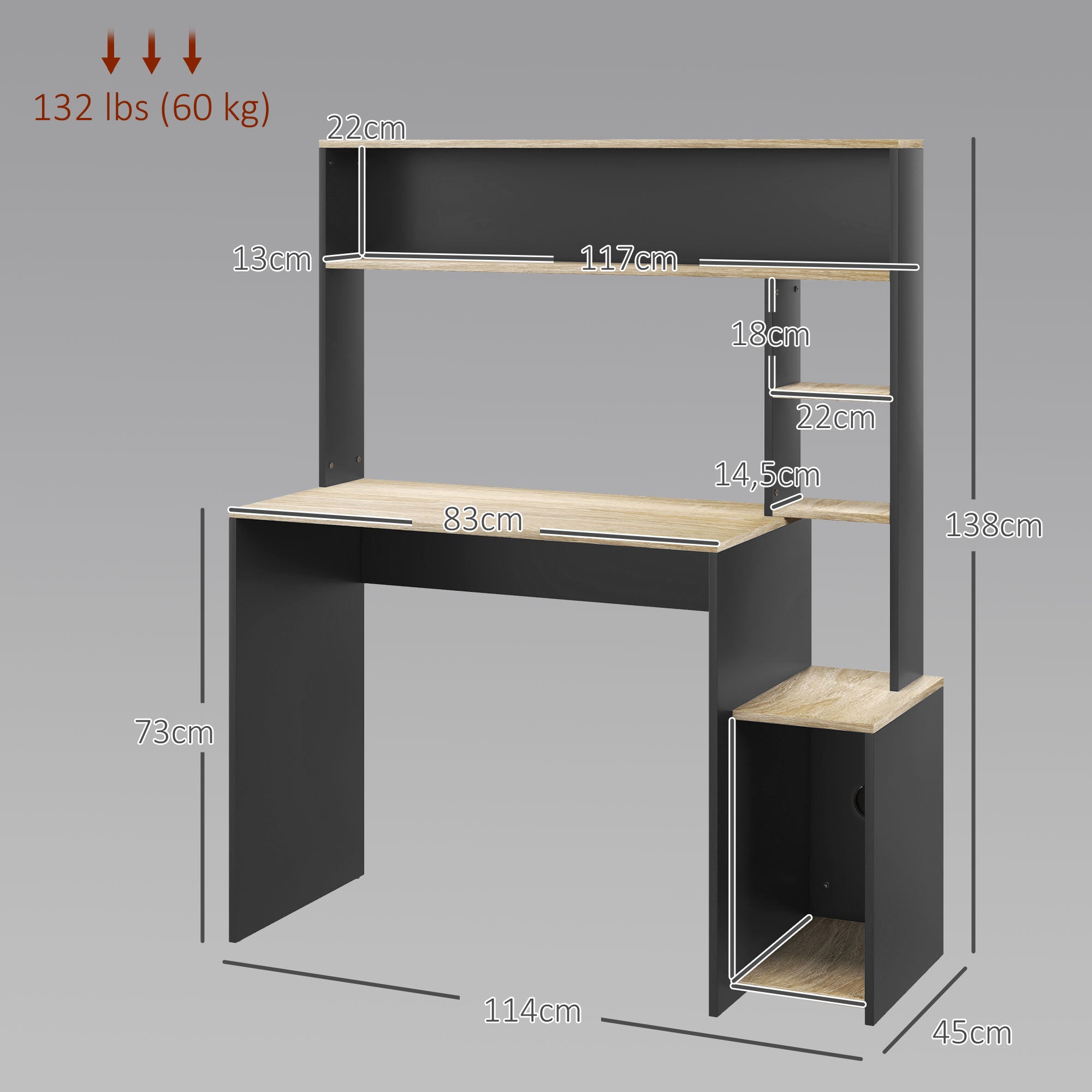 Secretária para Computador com Prateleira de 3 Níveis 114x45x138 cm Cinza e Natural