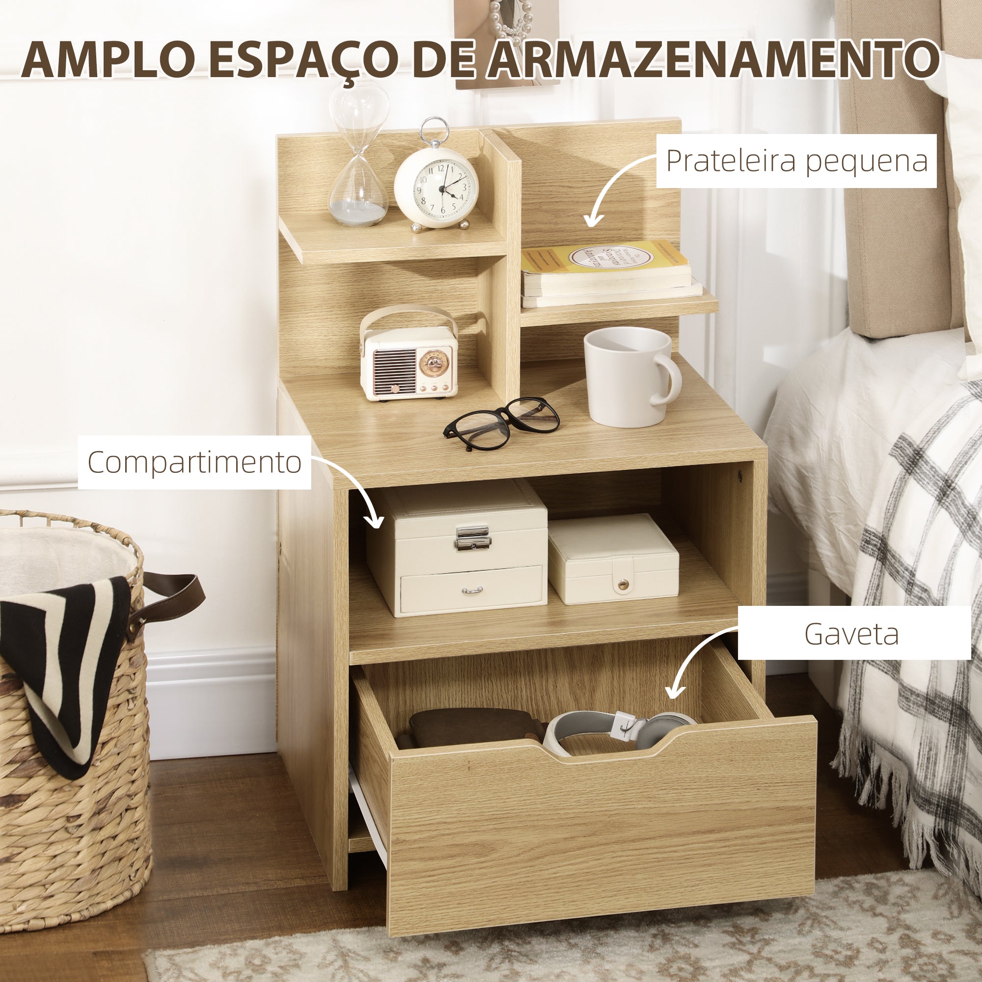 Mesa de Cabeceira Moderna 45x35x73 cm Cor de Madeira Natural