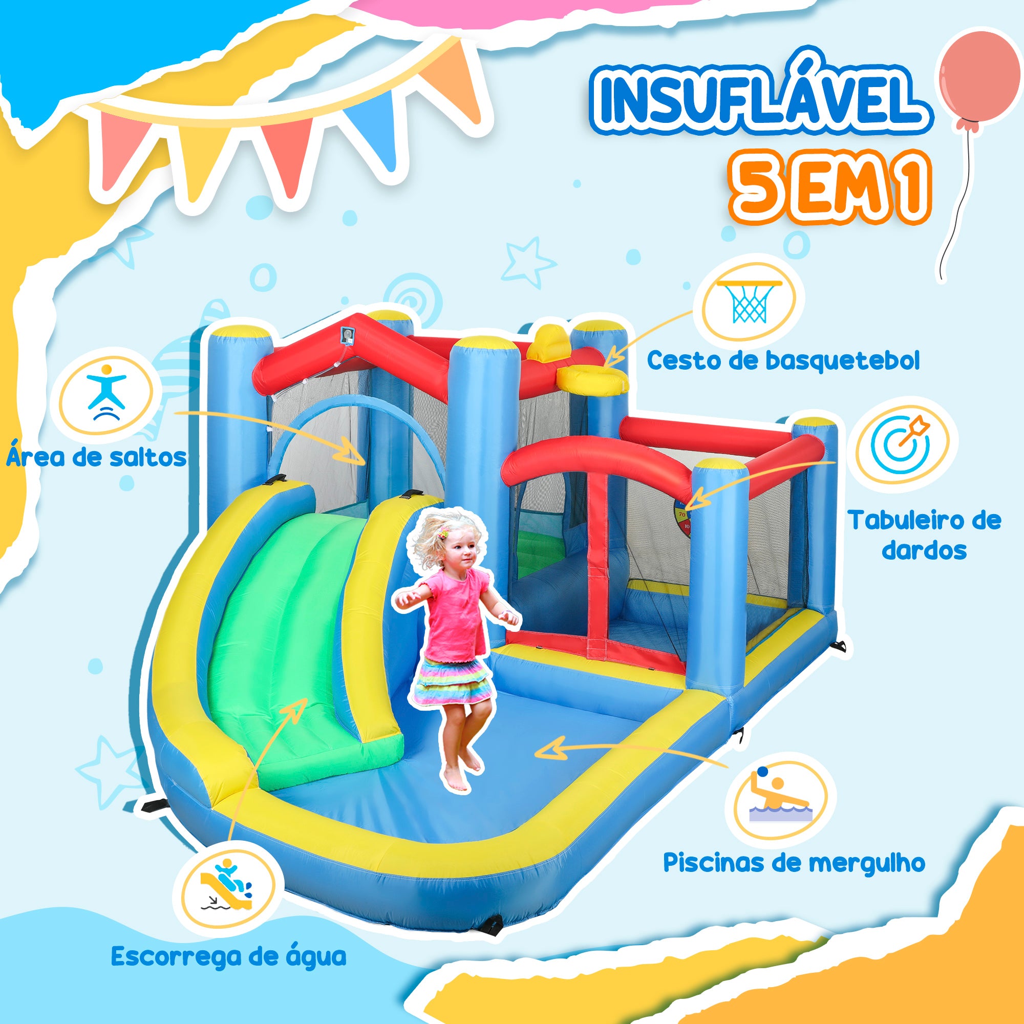 Castelo Insuflável 5 em 1 Multicor 385x290x180 cm